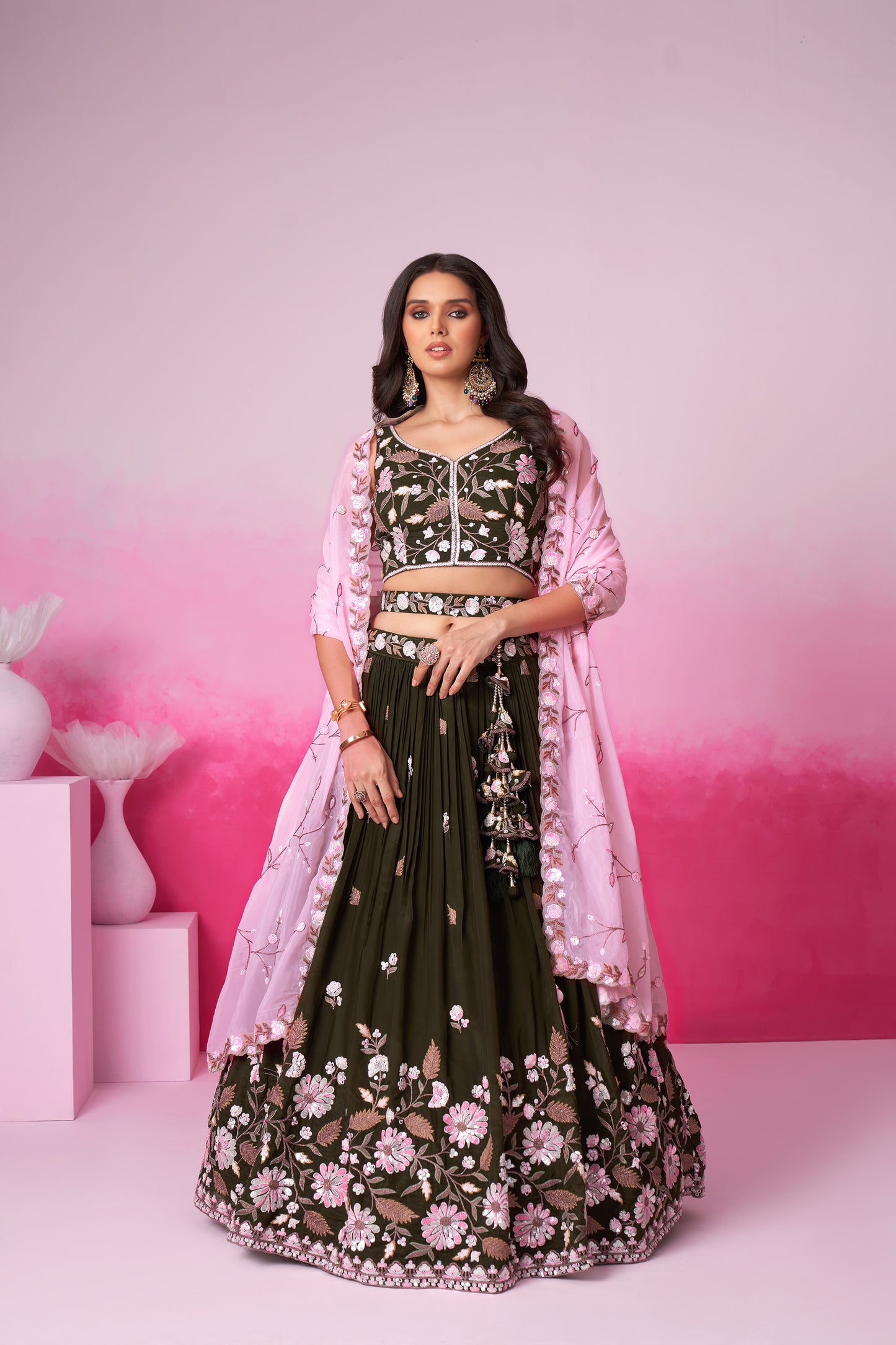 Olive Organza Sequins embroidery Lehenga choli