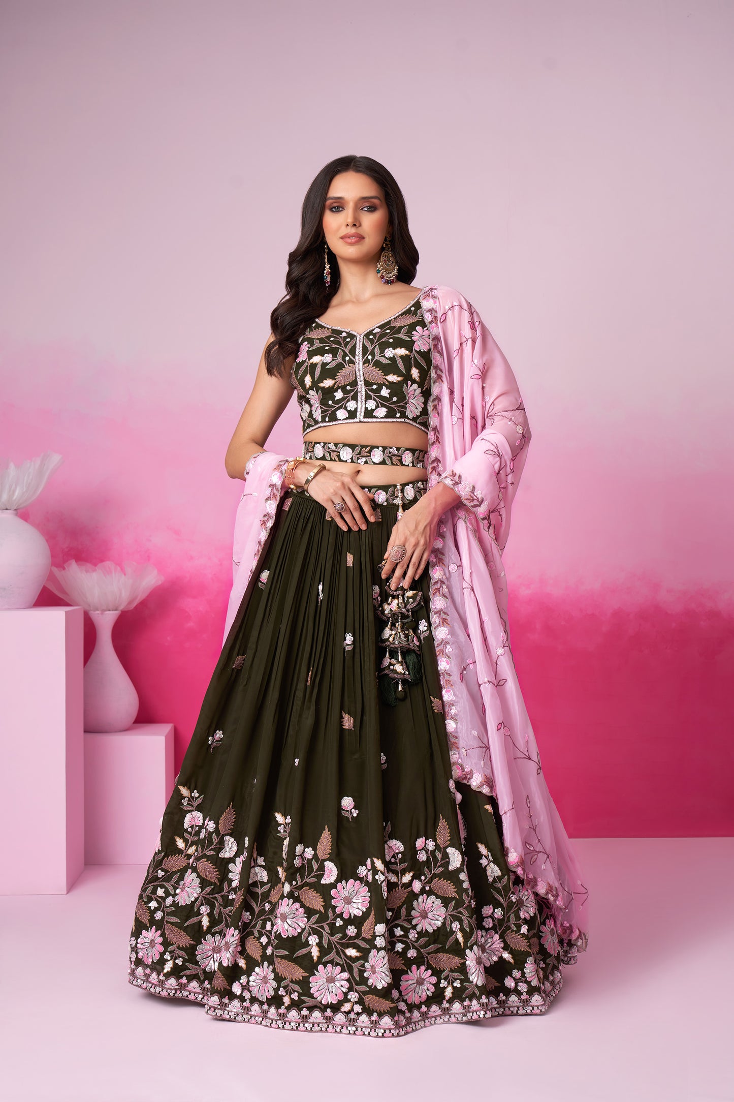 Olive Organza Sequins embroidery Lehenga choli