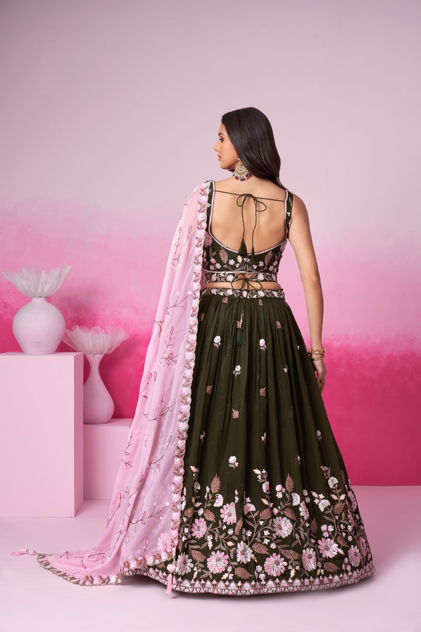 Olive Organza Sequins embroidery Lehenga choli