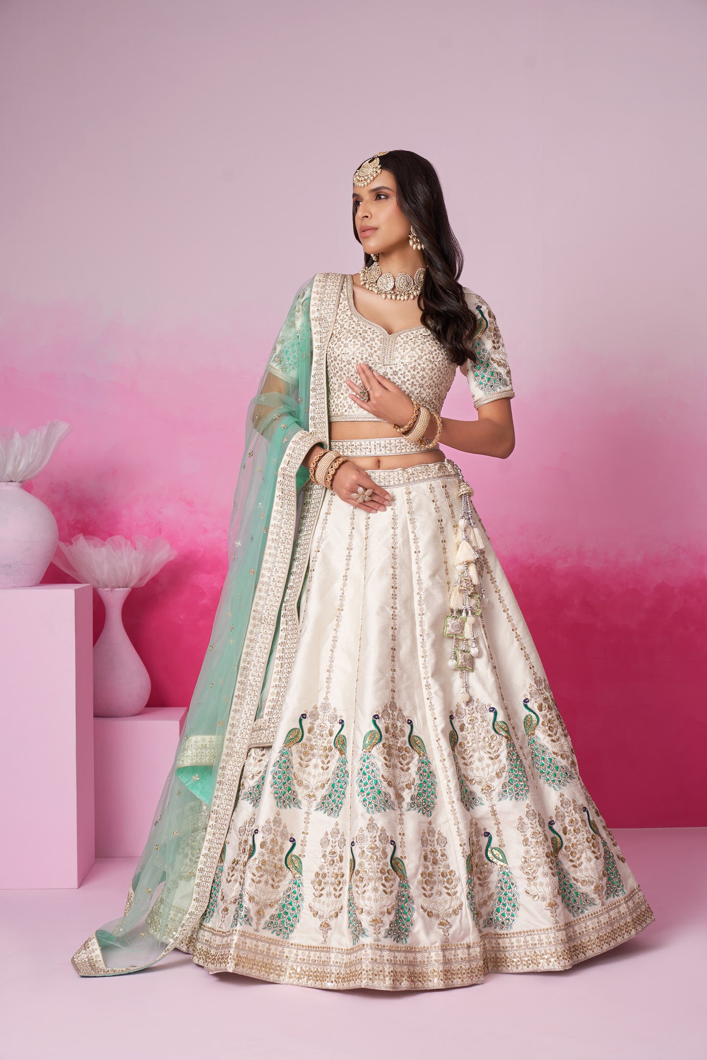 Cream Pure silk Sequins embroidery Bridal Lehenga choli