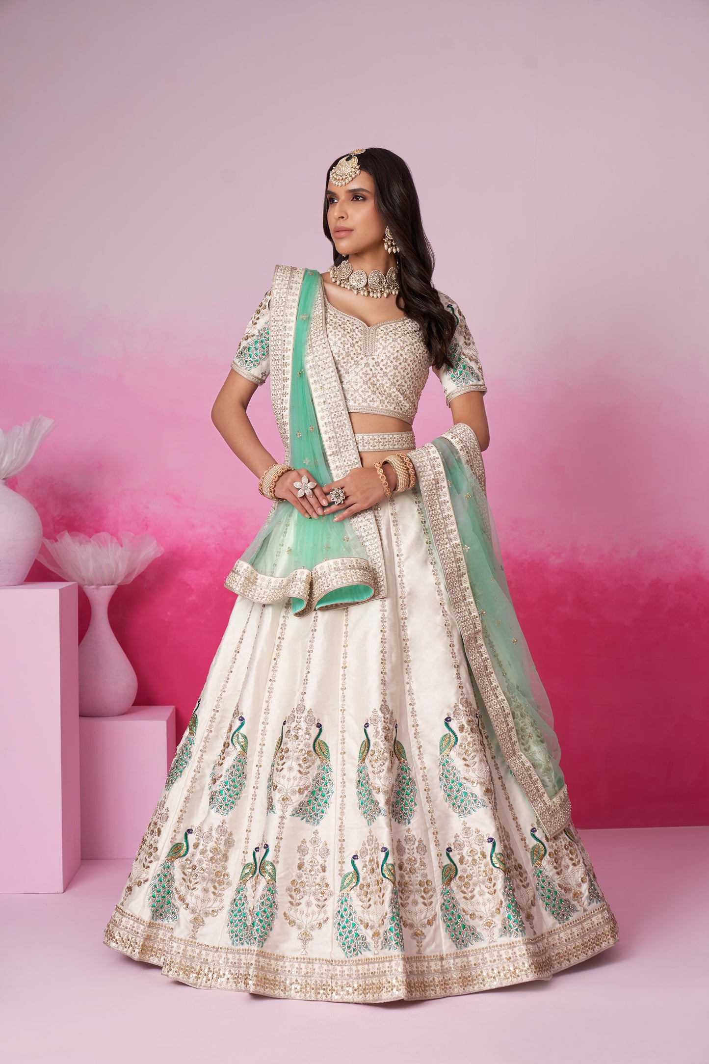 Cream Pure silk Sequins embroidery Bridal Lehenga choli