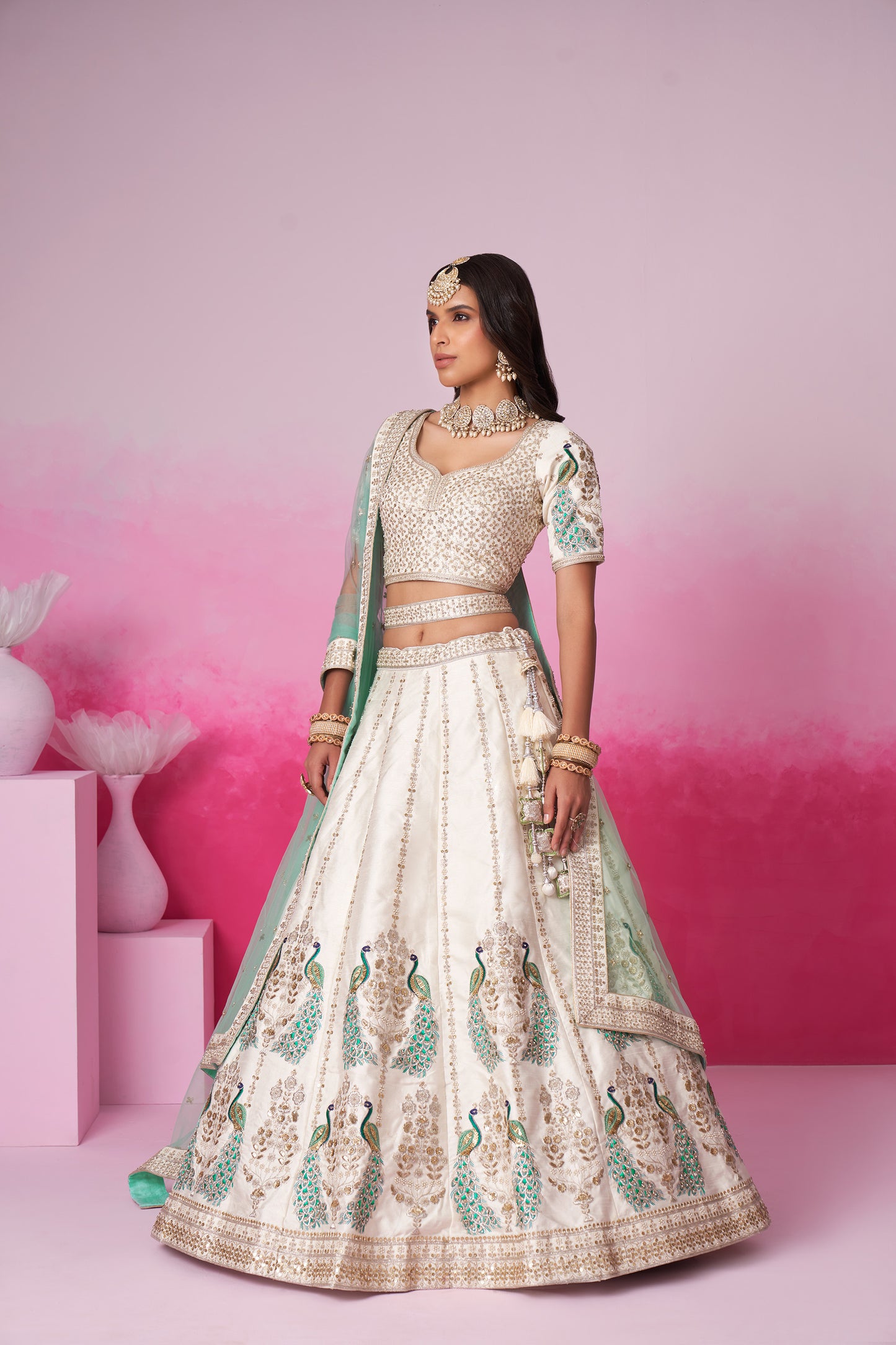 Cream Pure silk Sequins embroidery Bridal Lehenga choli