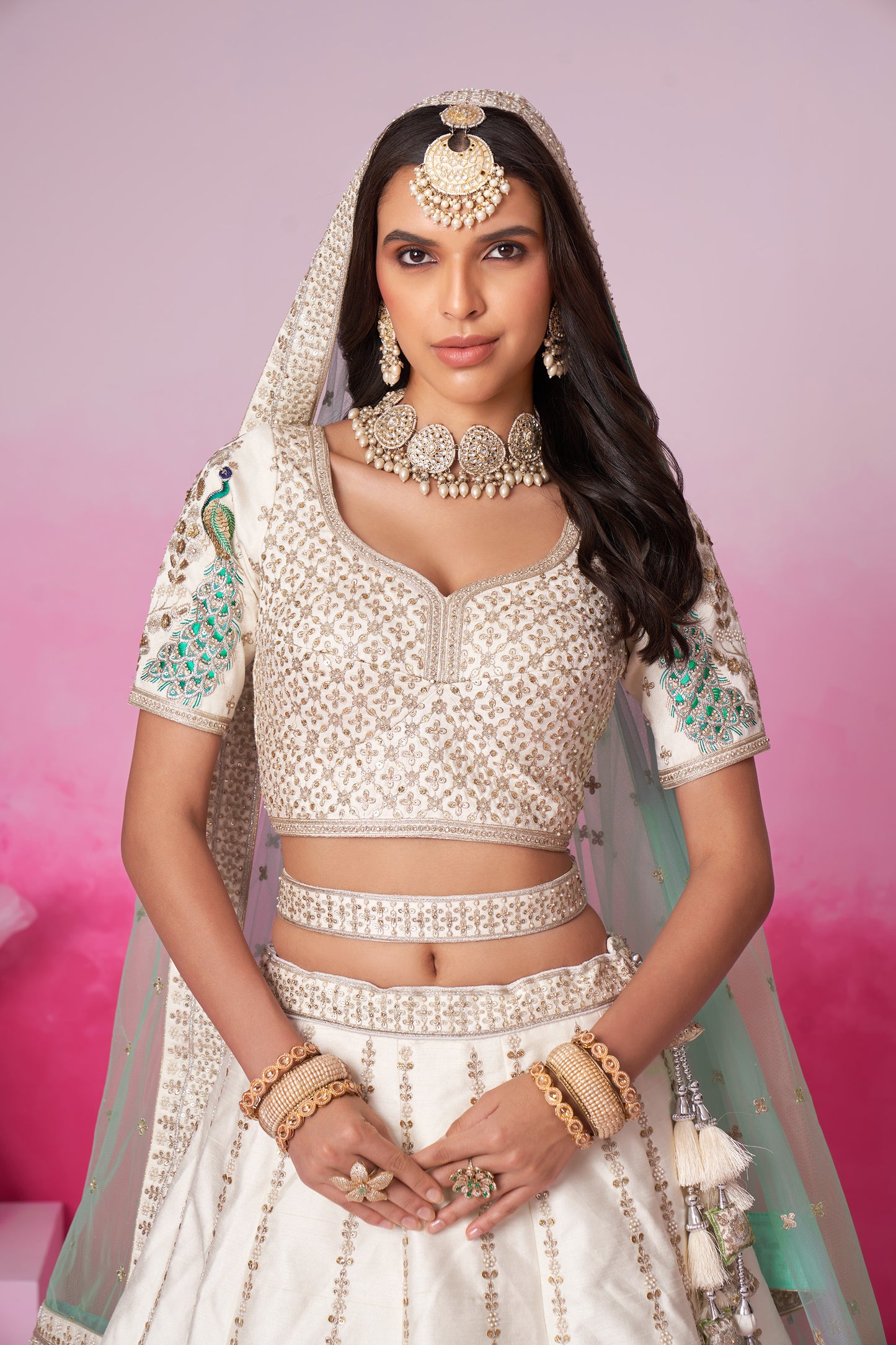 Cream Pure silk Sequins embroidery Bridal Lehenga choli