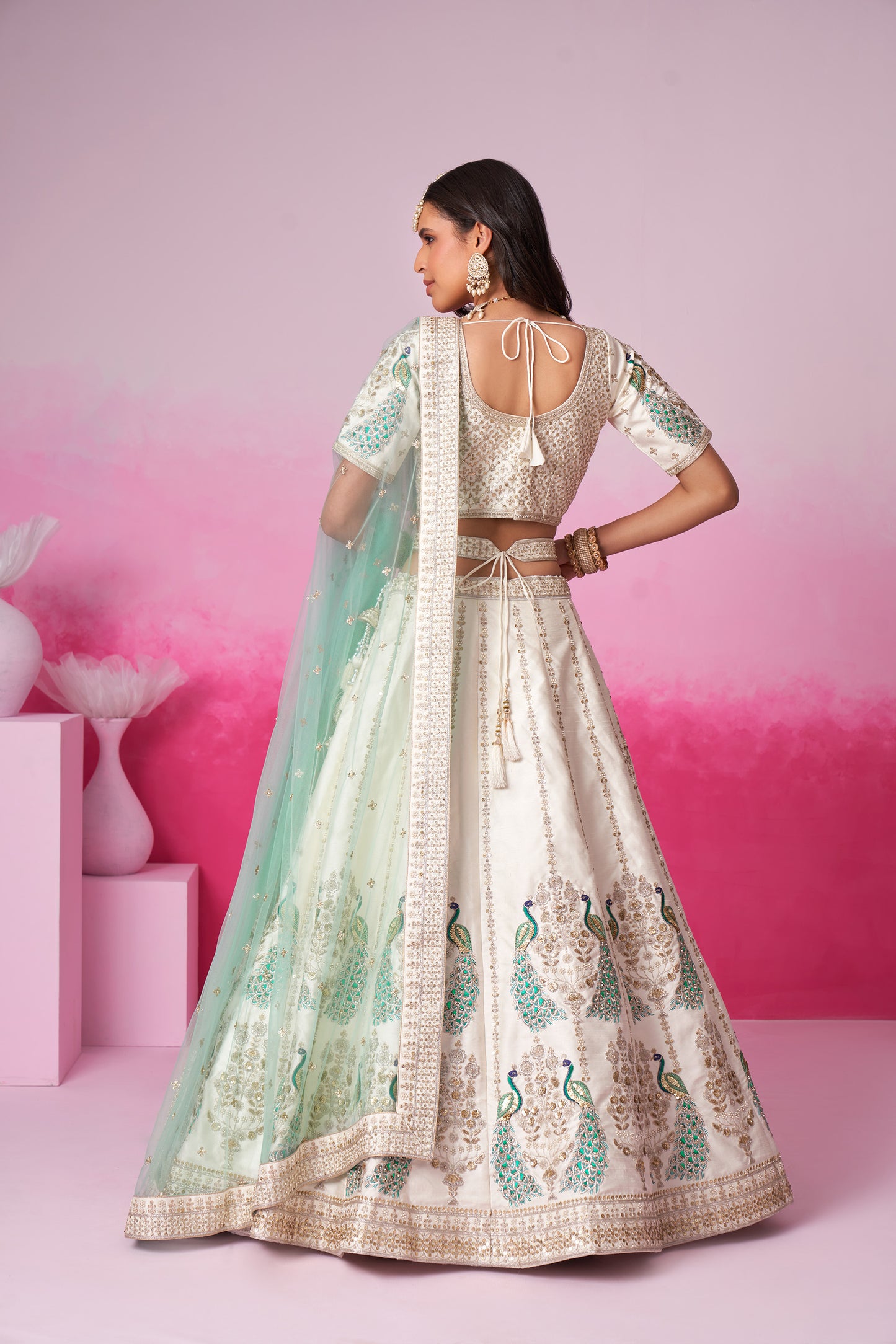 Cream Pure silk Sequins embroidery Bridal Lehenga choli