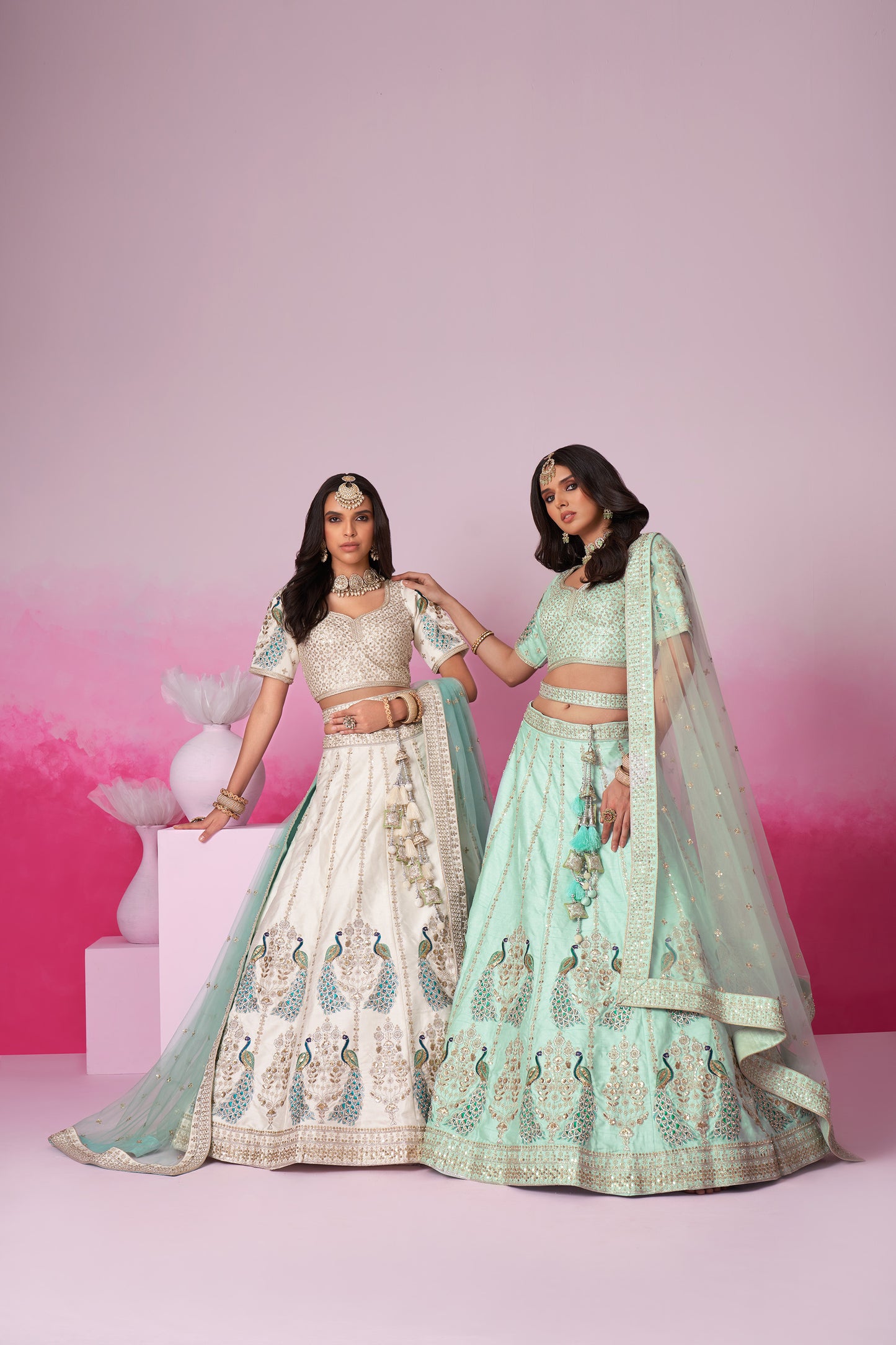 Cream Pure silk Sequins embroidery Bridal Lehenga choli