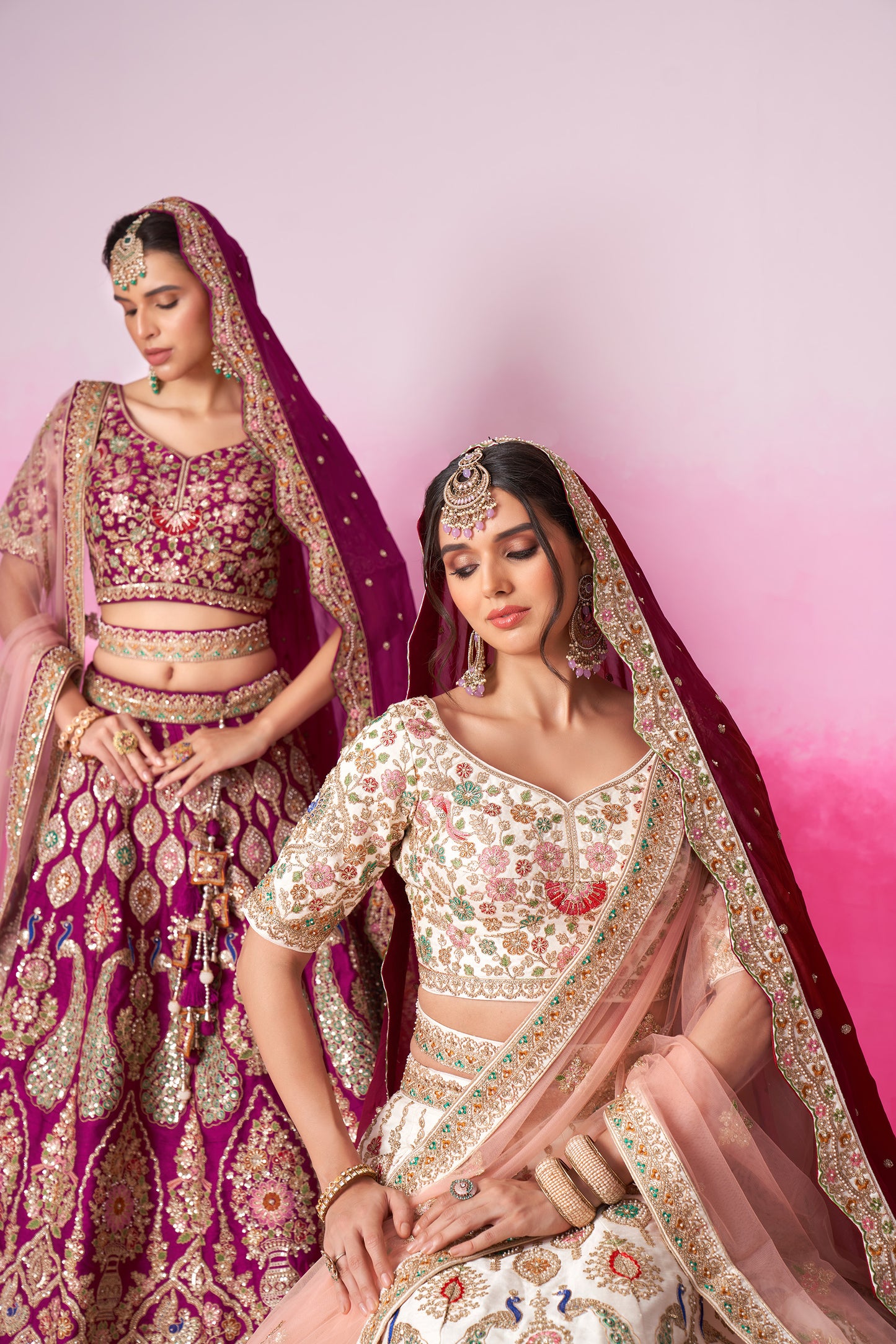 Cream Pure silk Moti, Sequins embroidery Bridal Lehenga choli