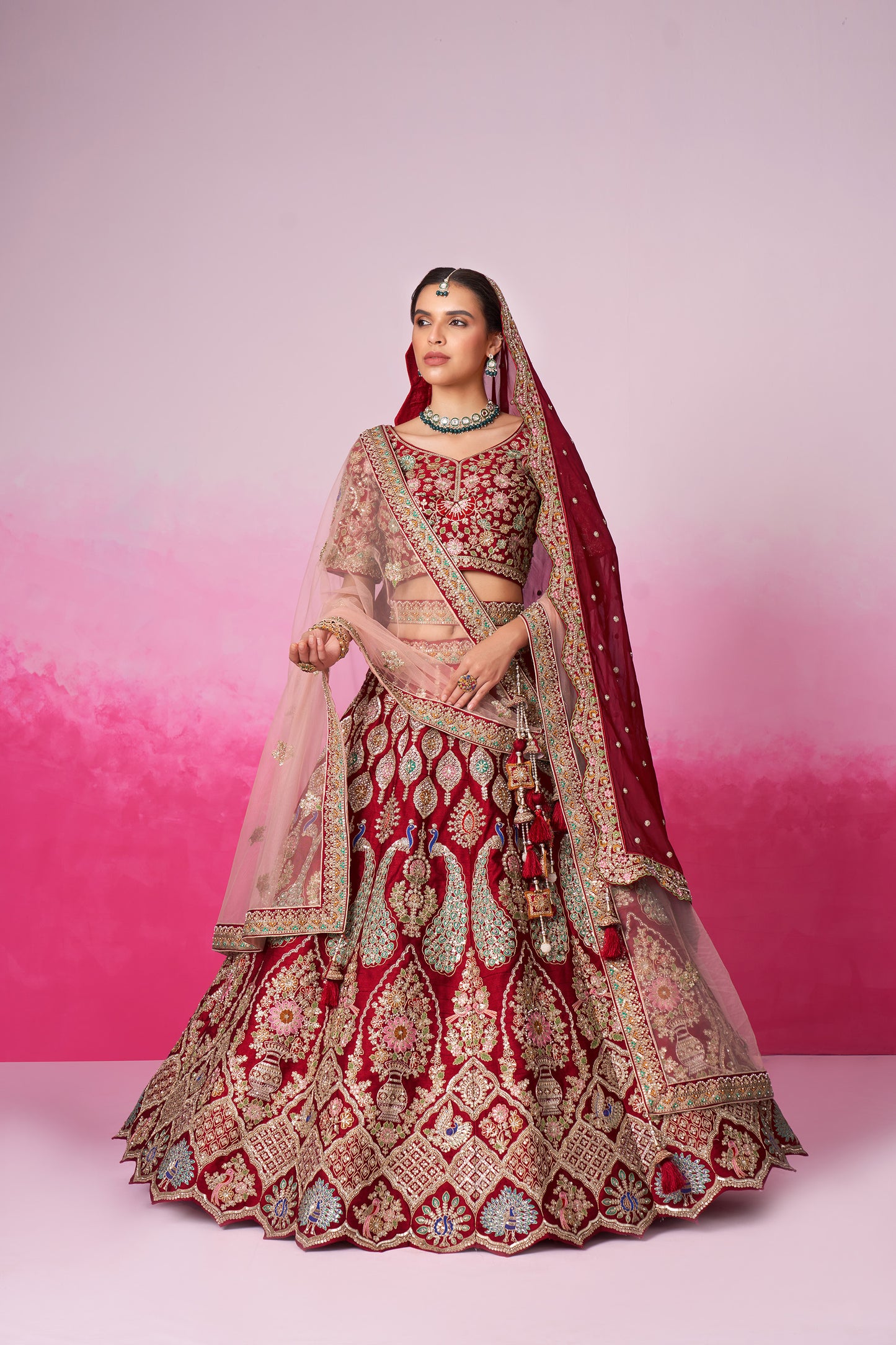 Red Pure silk Moti, Sequins embroidery Bridal Lehenga choli