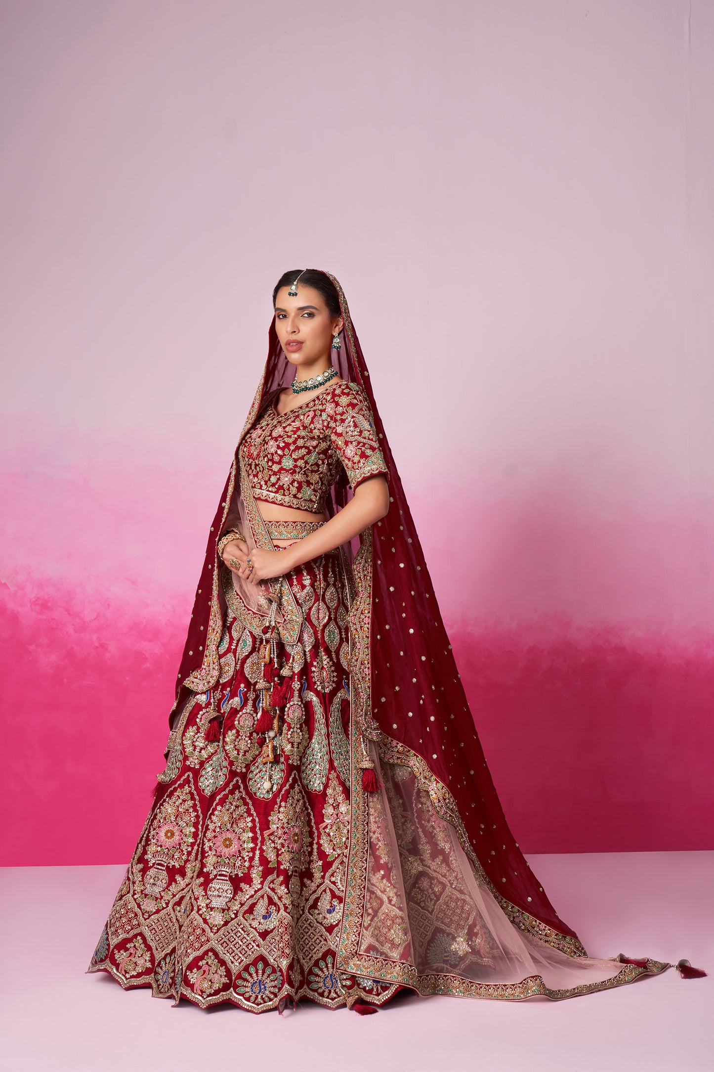 Red Pure silk Moti, Sequins embroidery Bridal Lehenga choli