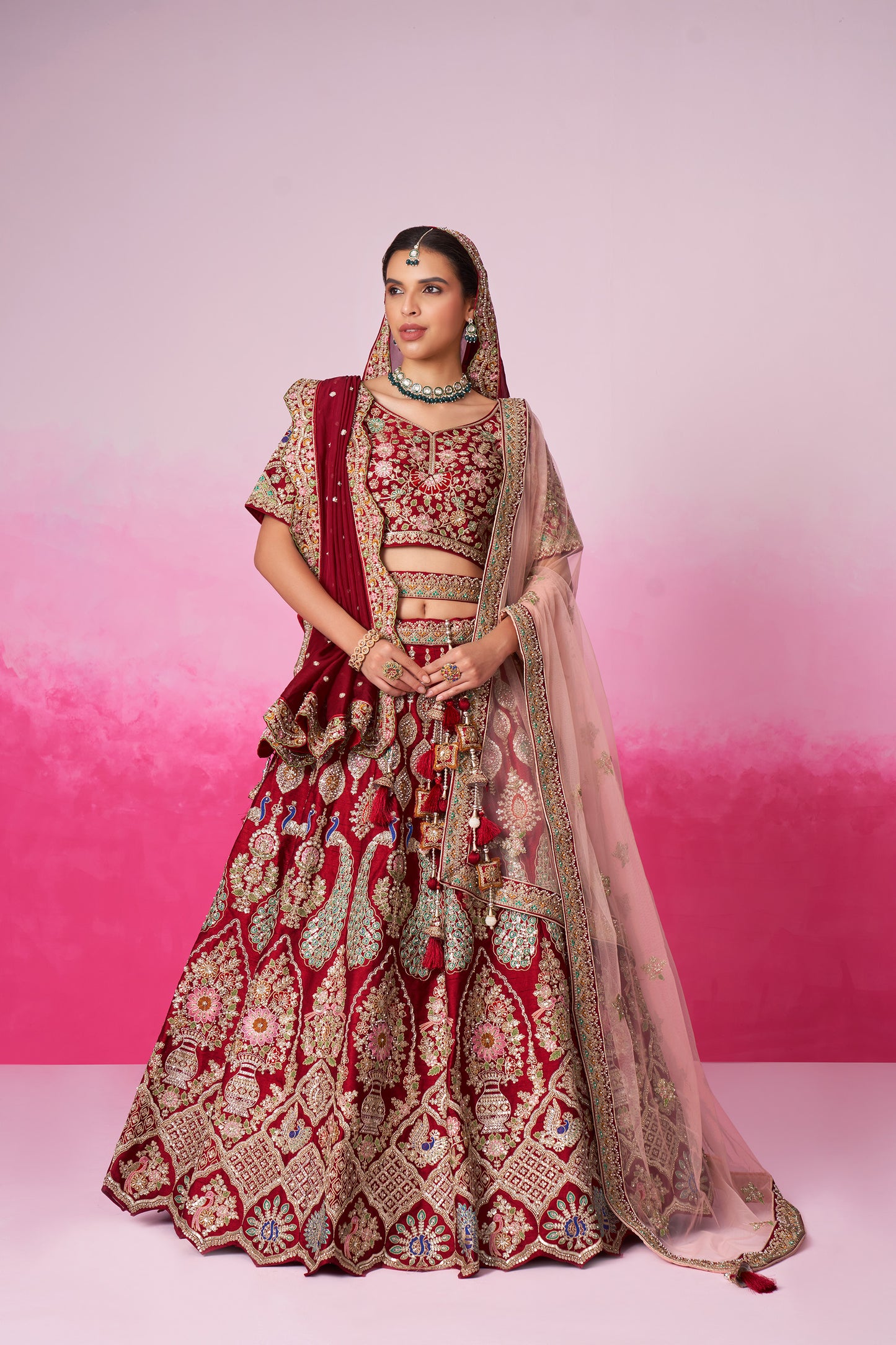 Red Pure silk Moti, Sequins embroidery Bridal Lehenga choli