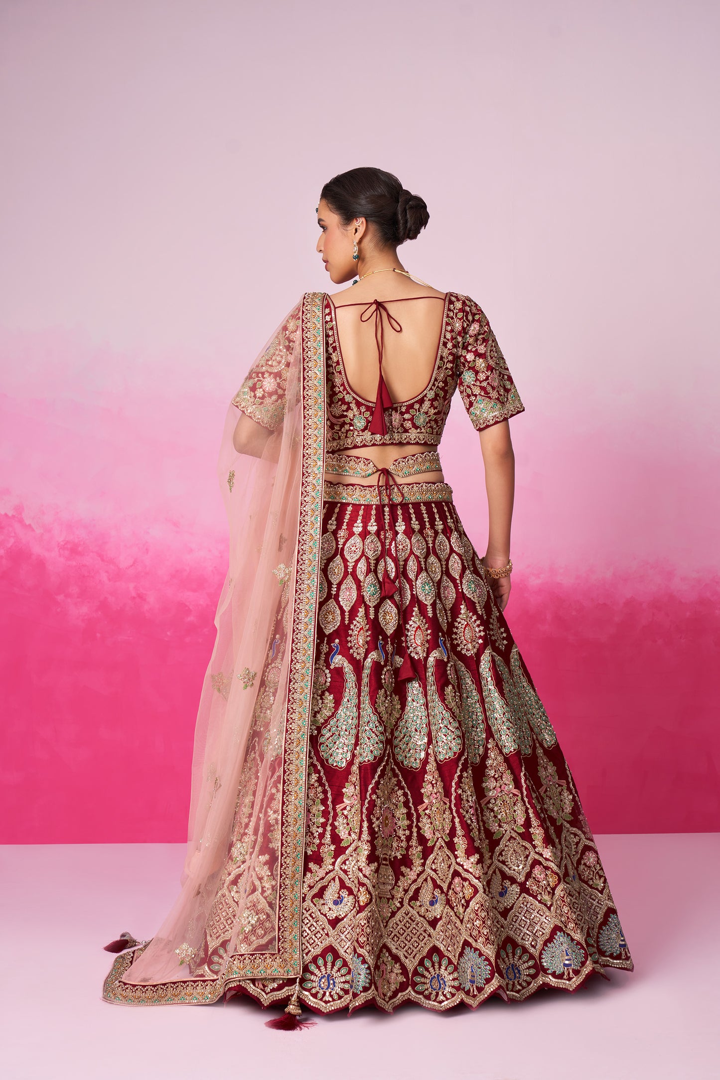 Red Pure silk Moti, Sequins embroidery Bridal Lehenga choli