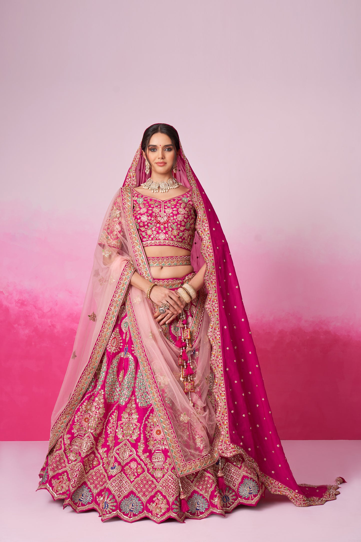 Pink Pure silk Moti, Sequins embroidery Bridal Lehenga choli