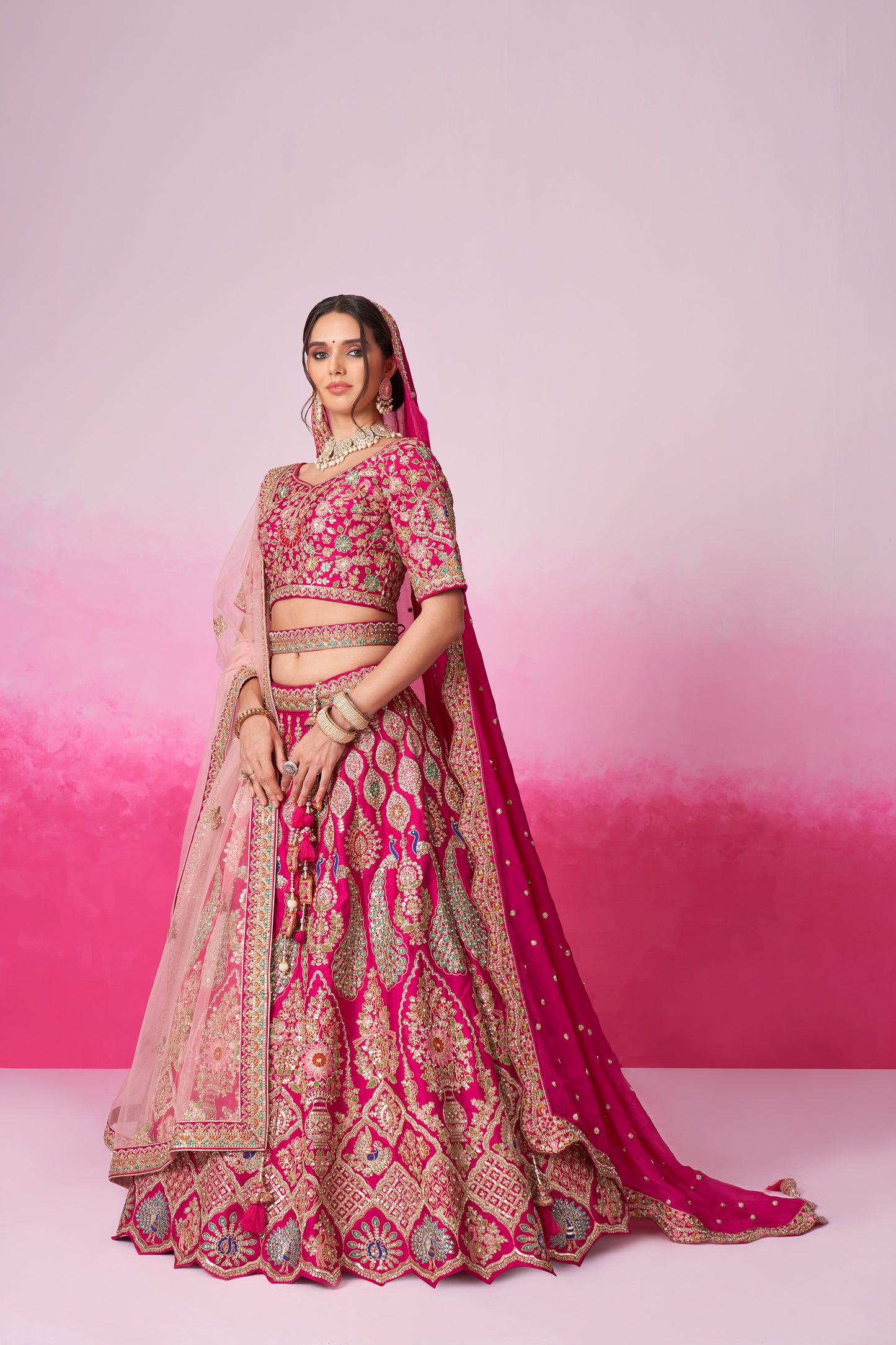 Pink Pure silk Moti, Sequins embroidery Bridal Lehenga choli