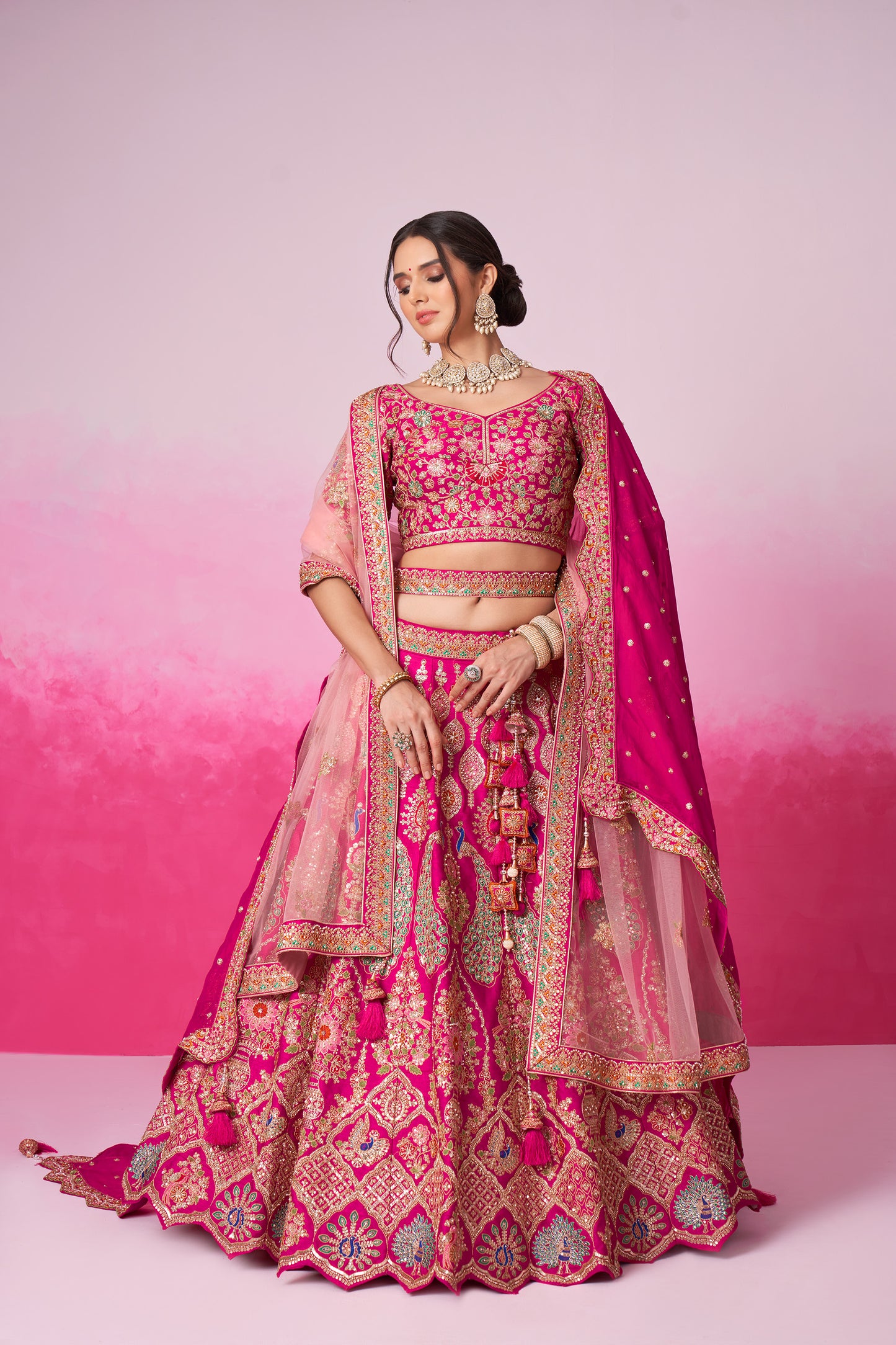 Pink Pure silk Moti, Sequins embroidery Bridal Lehenga choli