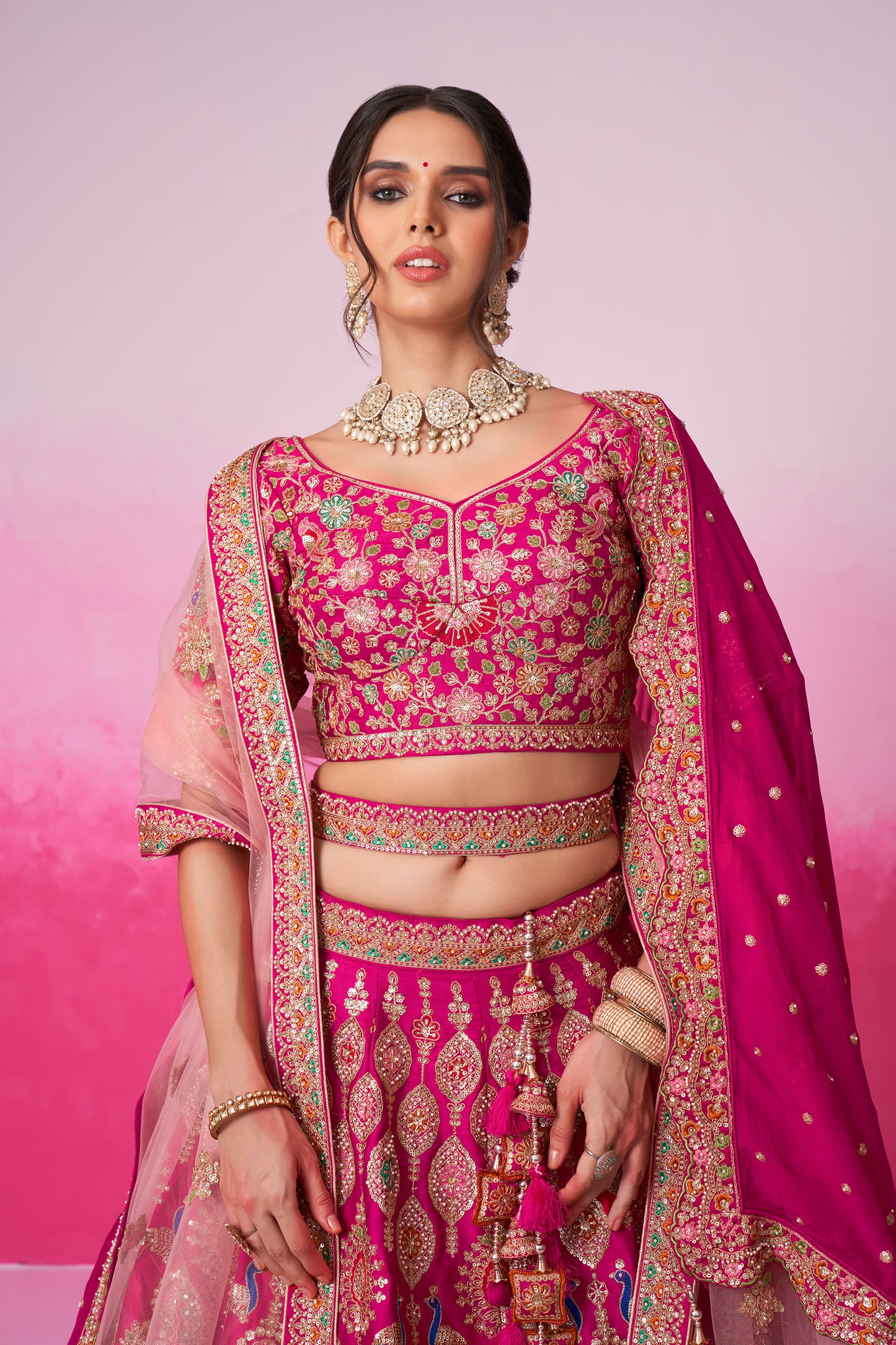 Pink Pure silk Moti, Sequins embroidery Bridal Lehenga choli