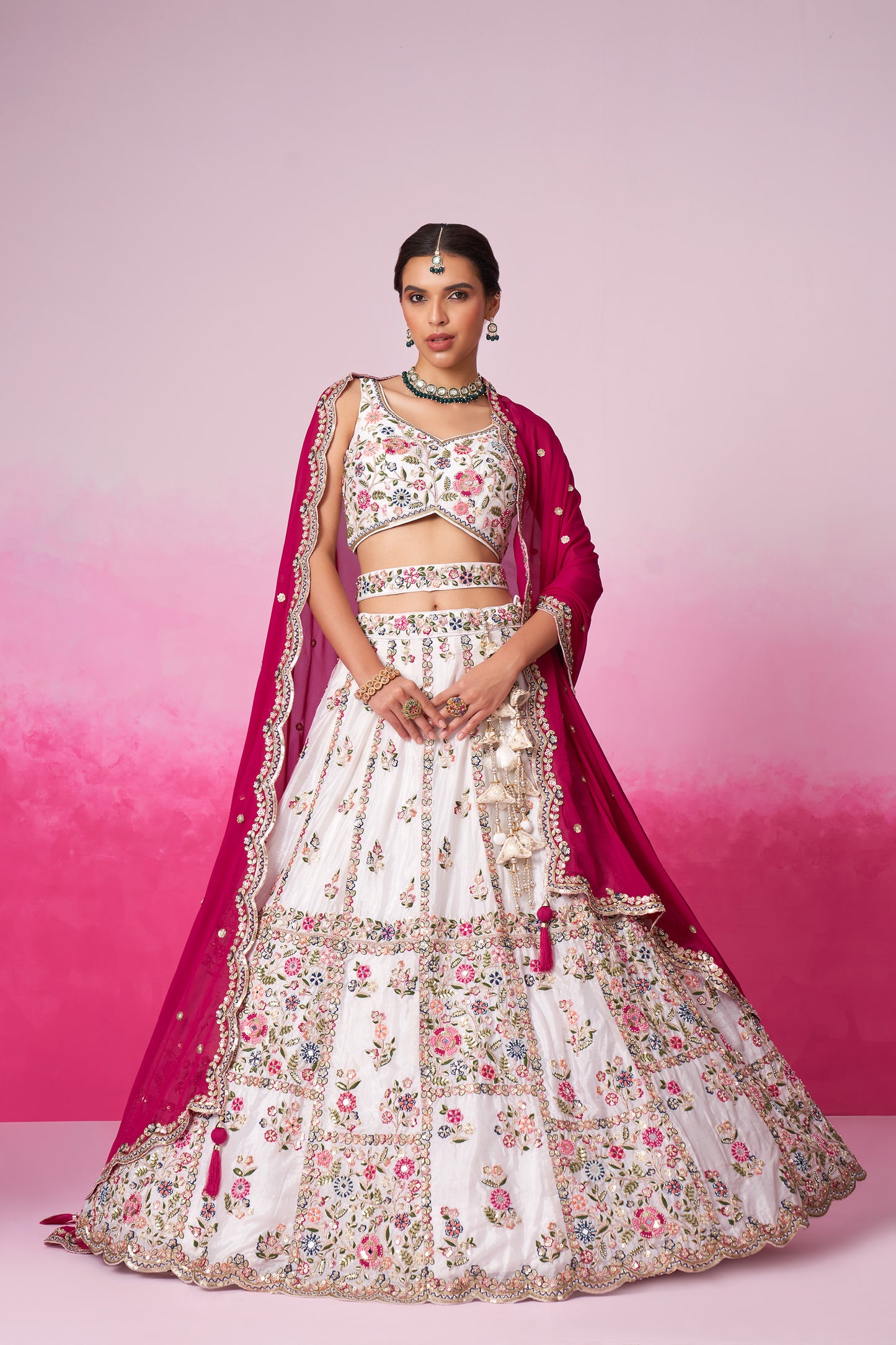 Cream Georgette Moti, Sequins embroidery Bridal Lehenga choli