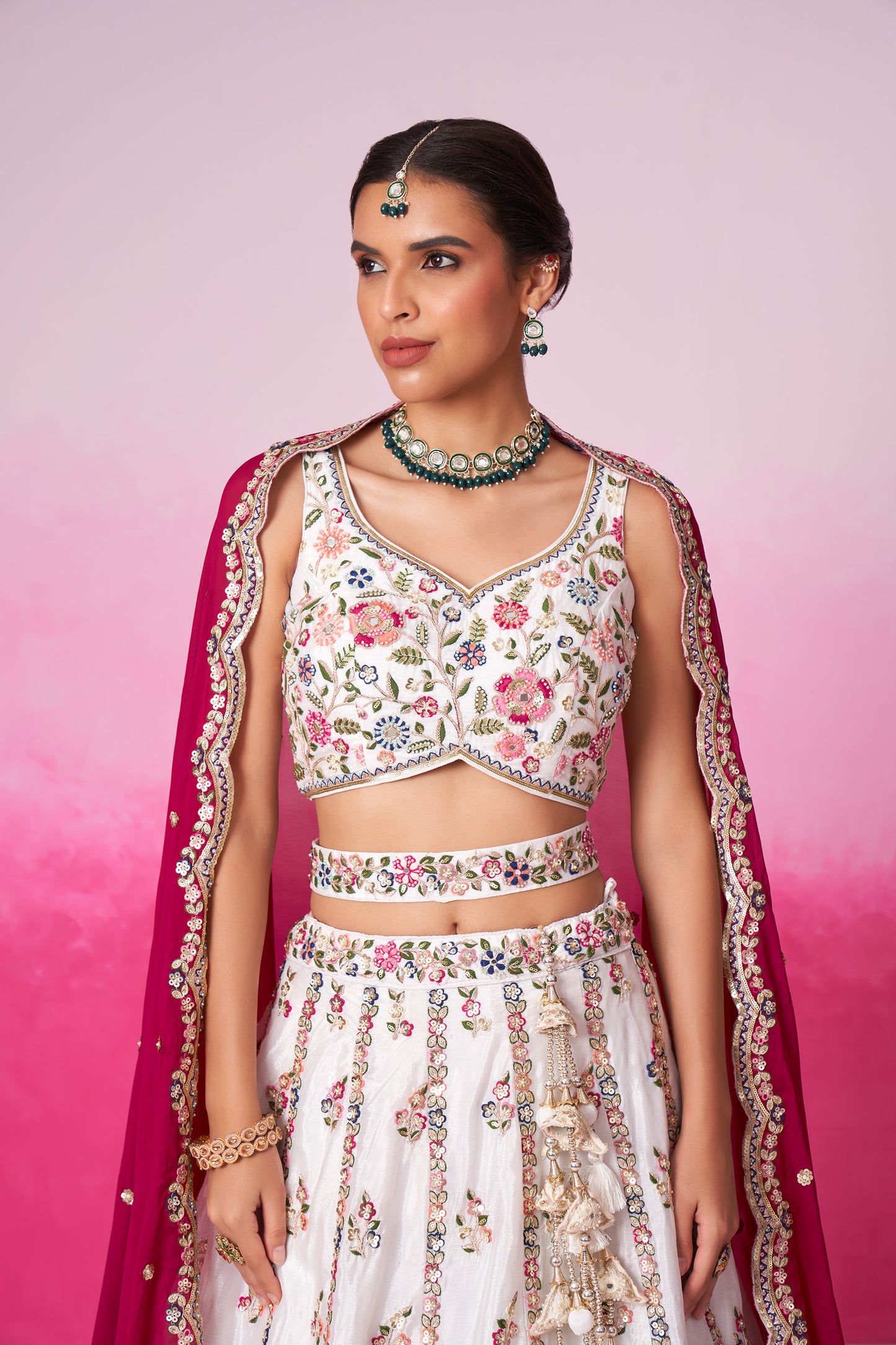 Cream Georgette Moti, Sequins embroidery Bridal Lehenga choli