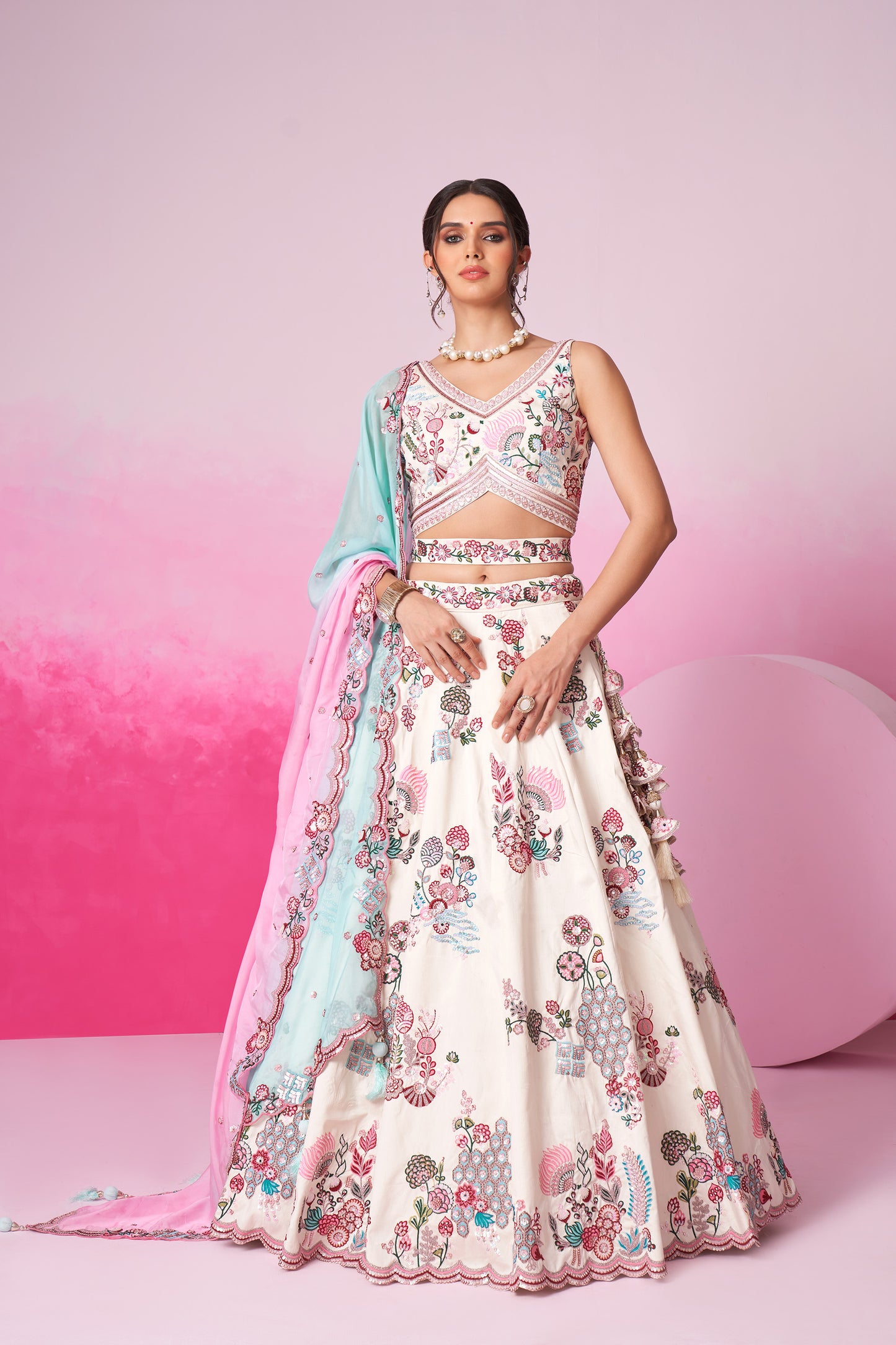 Cream Pure Silk Zarkan, Mirror & heavy Sequin embroidery Lehenga choli & Dupatta