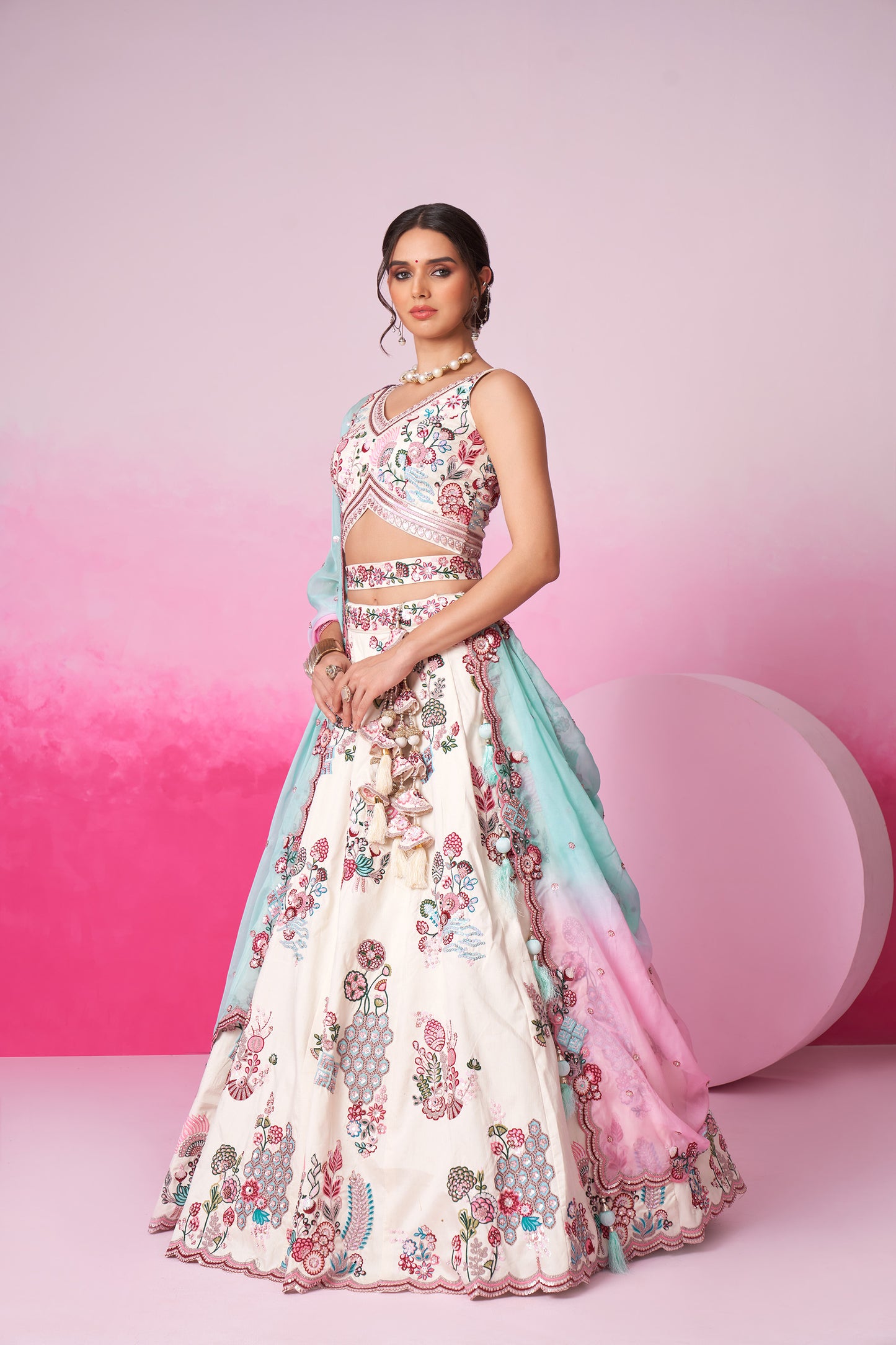 Cream Pure Silk Zarkan, Mirror & heavy Sequin embroidery Lehenga choli & Dupatta