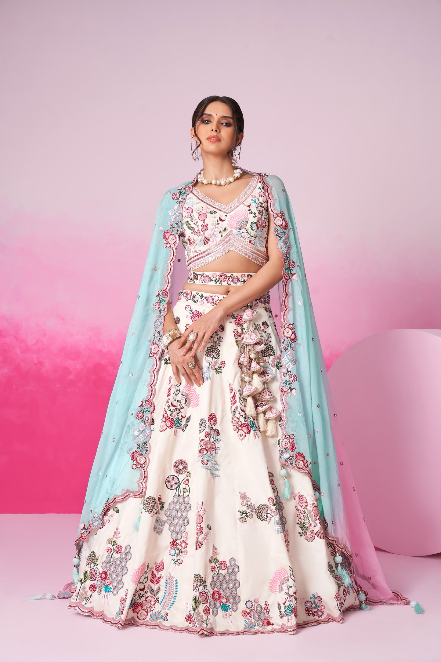 Cream Pure Silk Zarkan, Mirror & heavy Sequin embroidery Lehenga choli & Dupatta