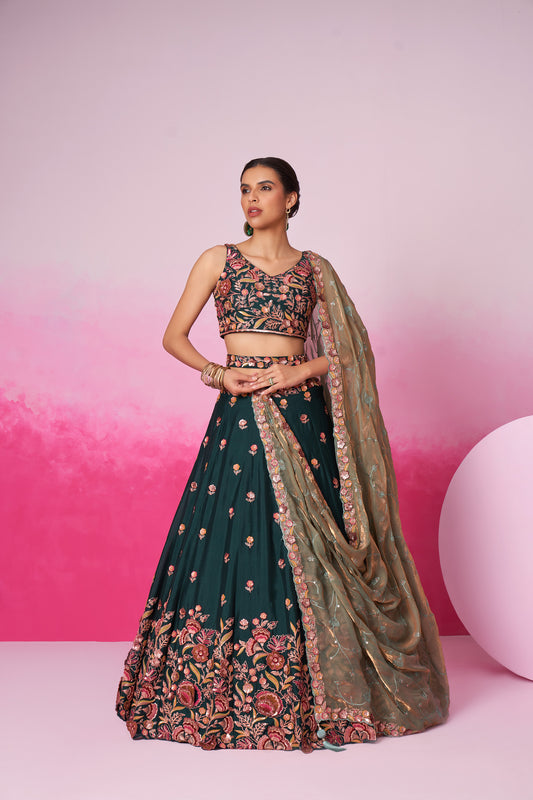 Green colour Chiffon Sequins embroidery Lehenga choli & Dupatta