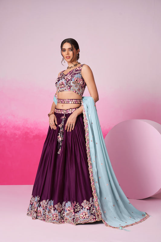 Burgundy Satin Silk Sequin embroidery Lehenga choli