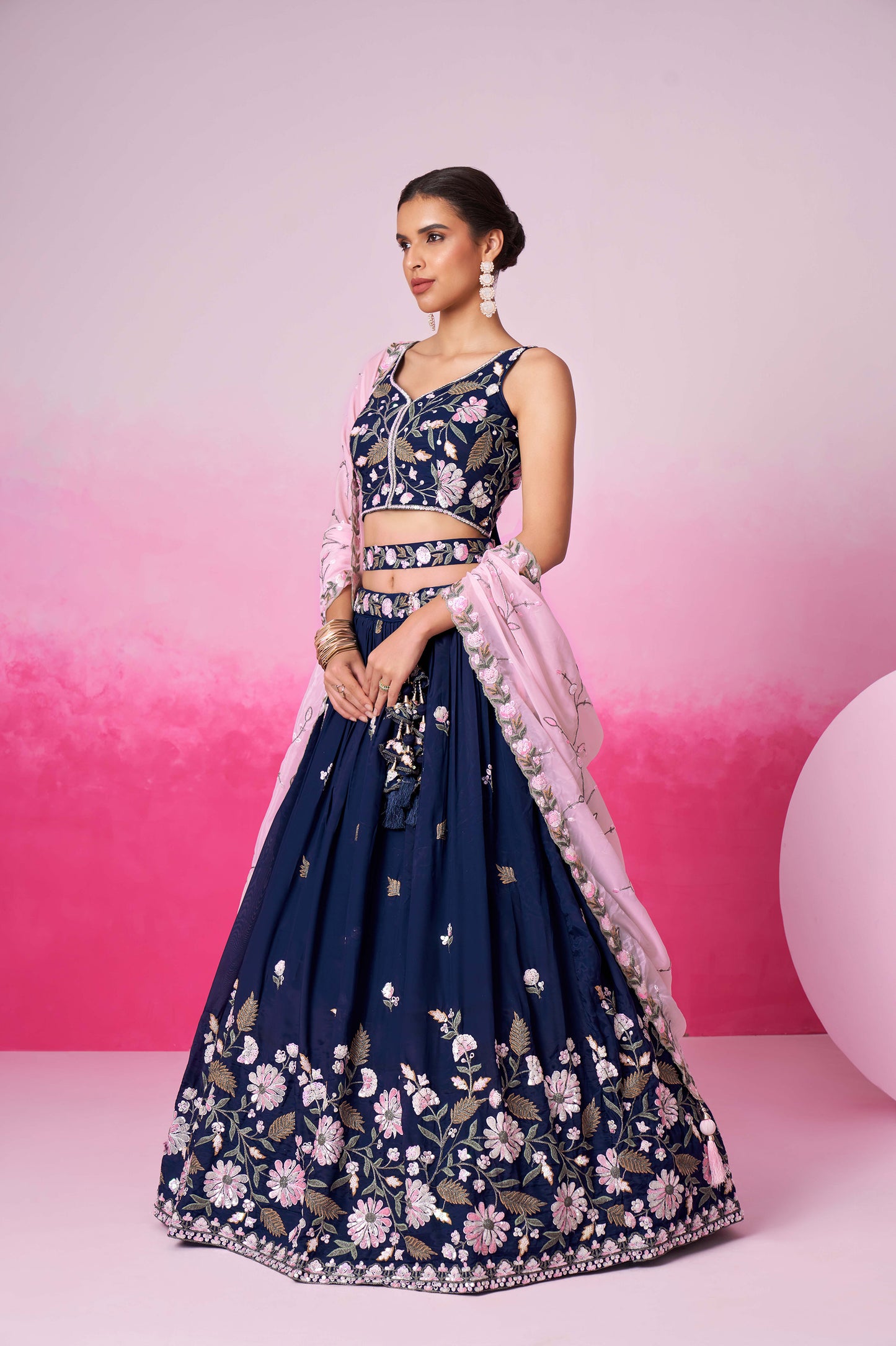 Navy blue Organza Sequins embroidery Lehenga choli