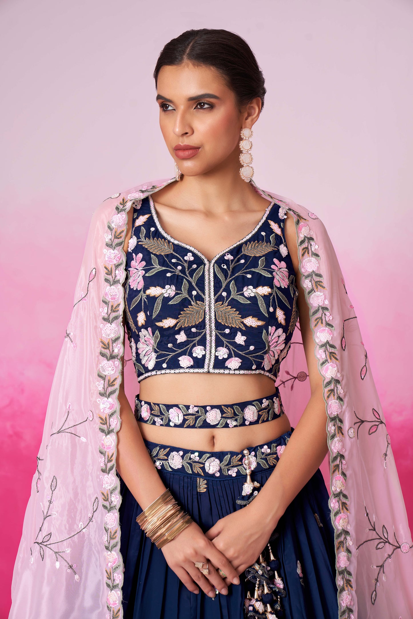 Navy blue Organza Sequins embroidery Lehenga choli