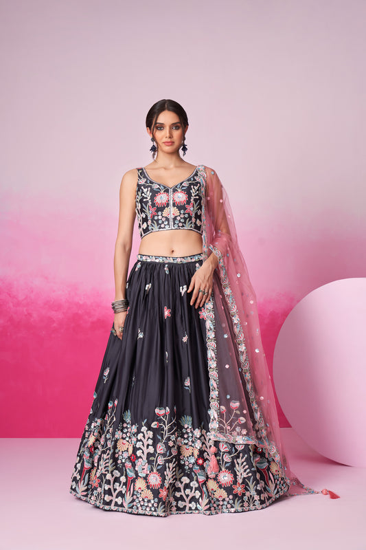 Grey Satin Silk Sequin embroidery Lehenga choli