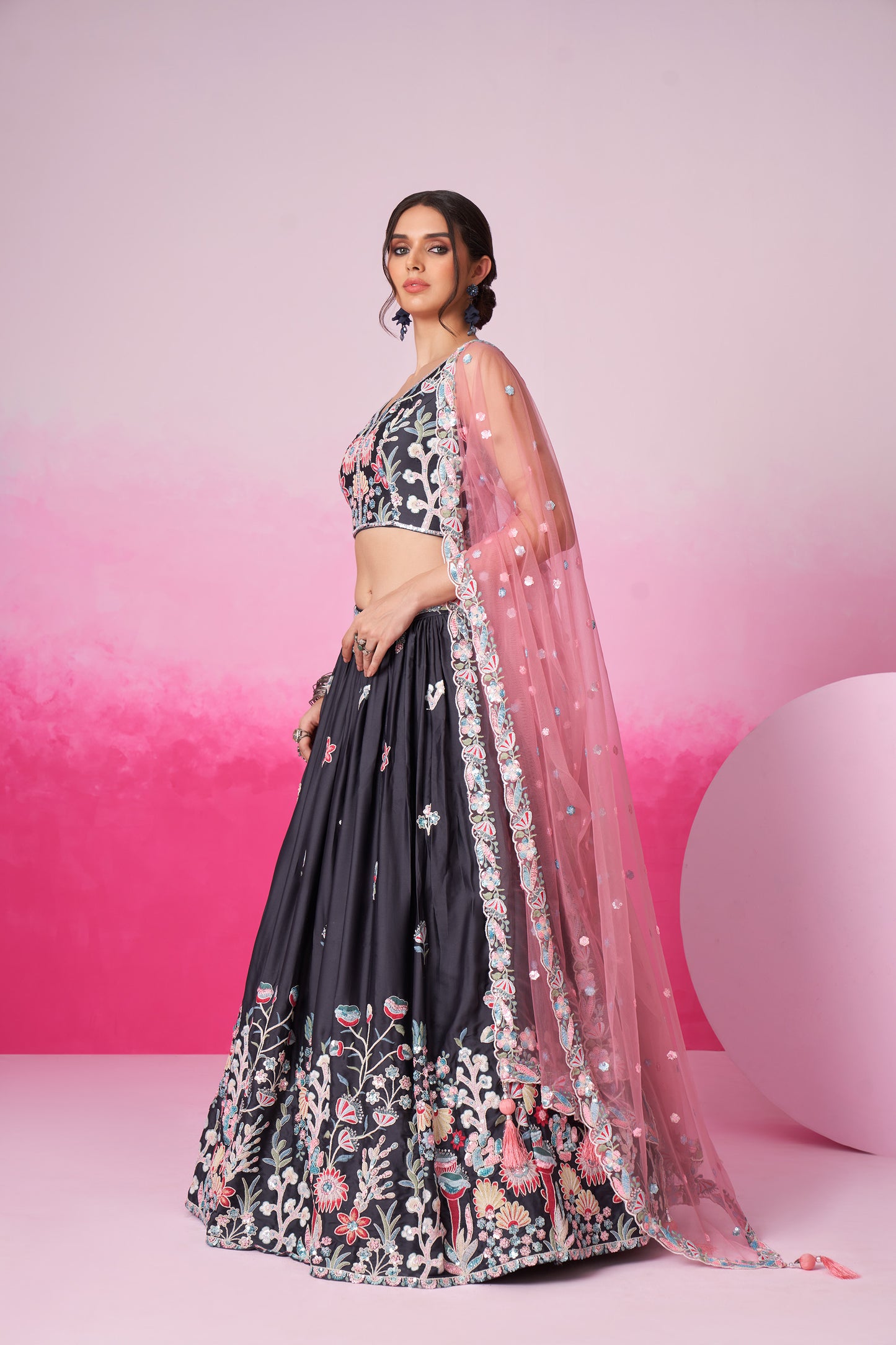 Grey Satin Silk Sequin embroidery Lehenga choli