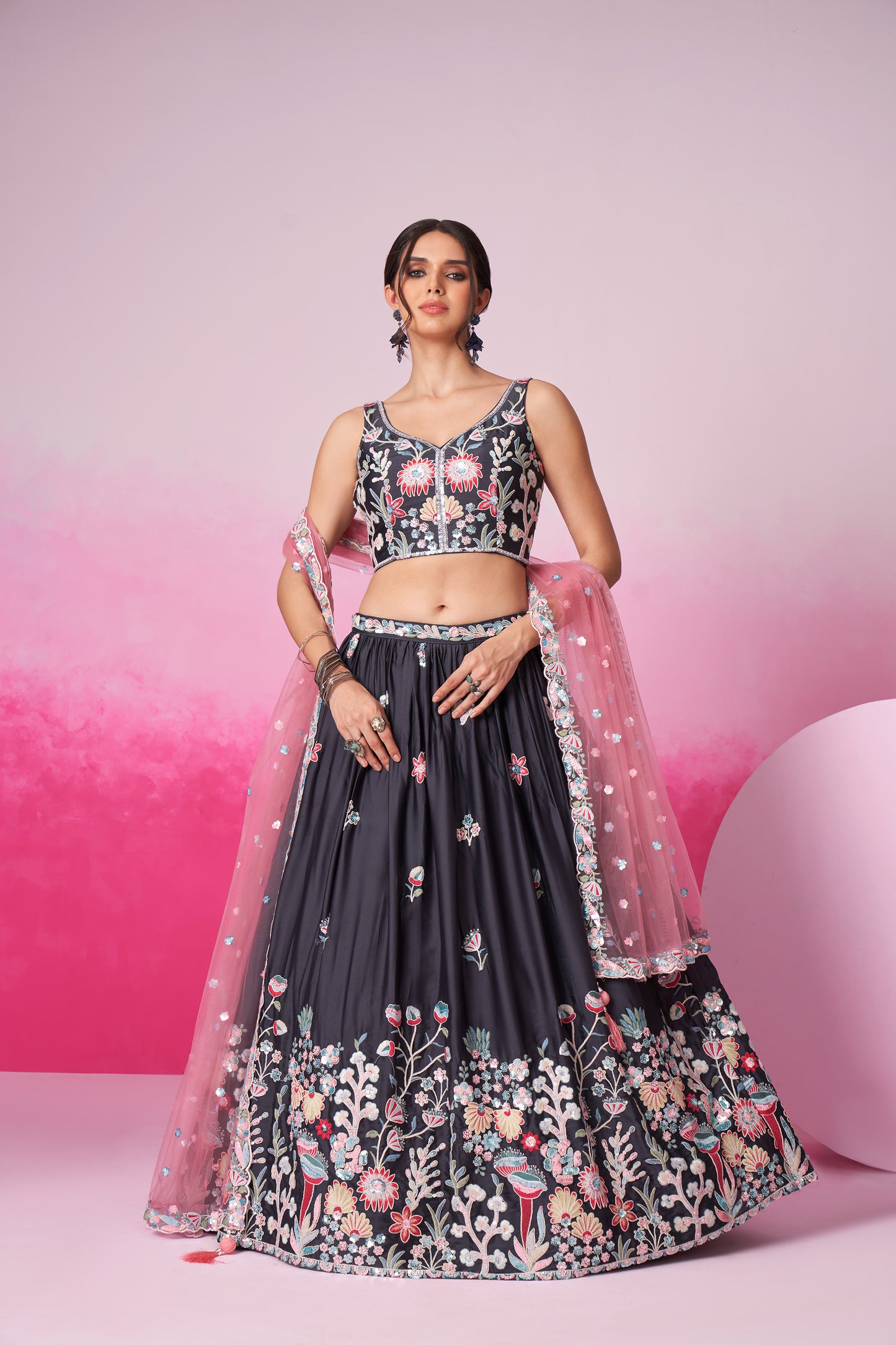 Grey Satin Silk Sequin embroidery Lehenga choli