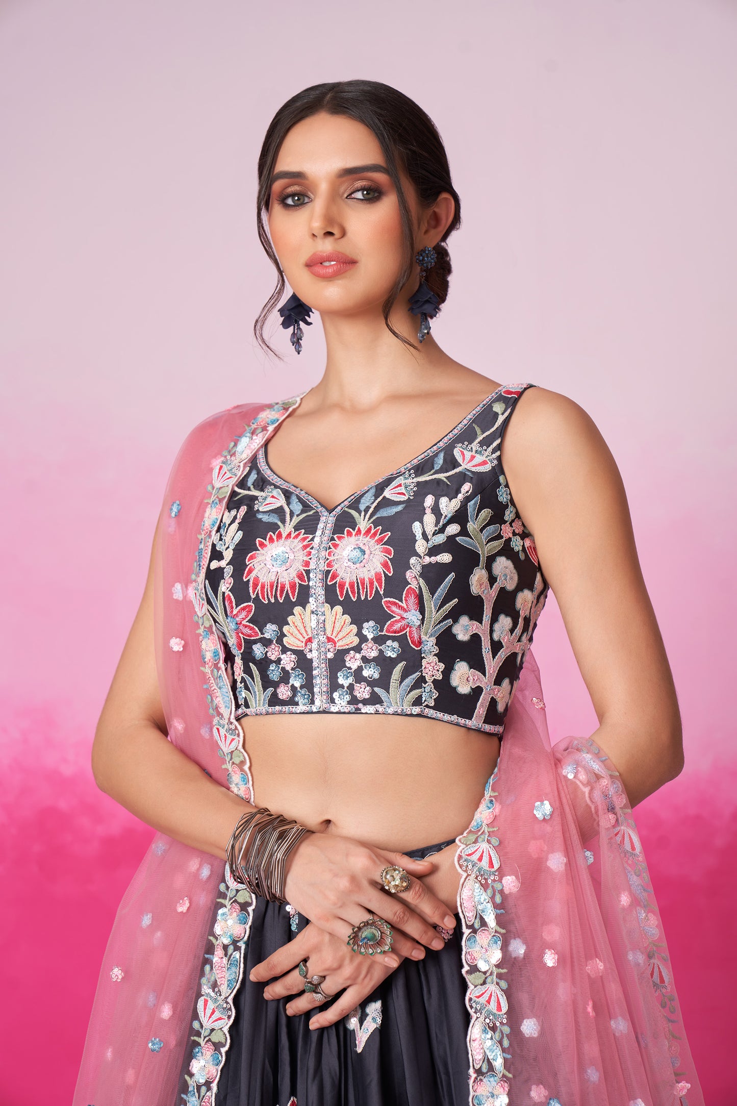 Grey Satin Silk Sequin embroidery Lehenga choli