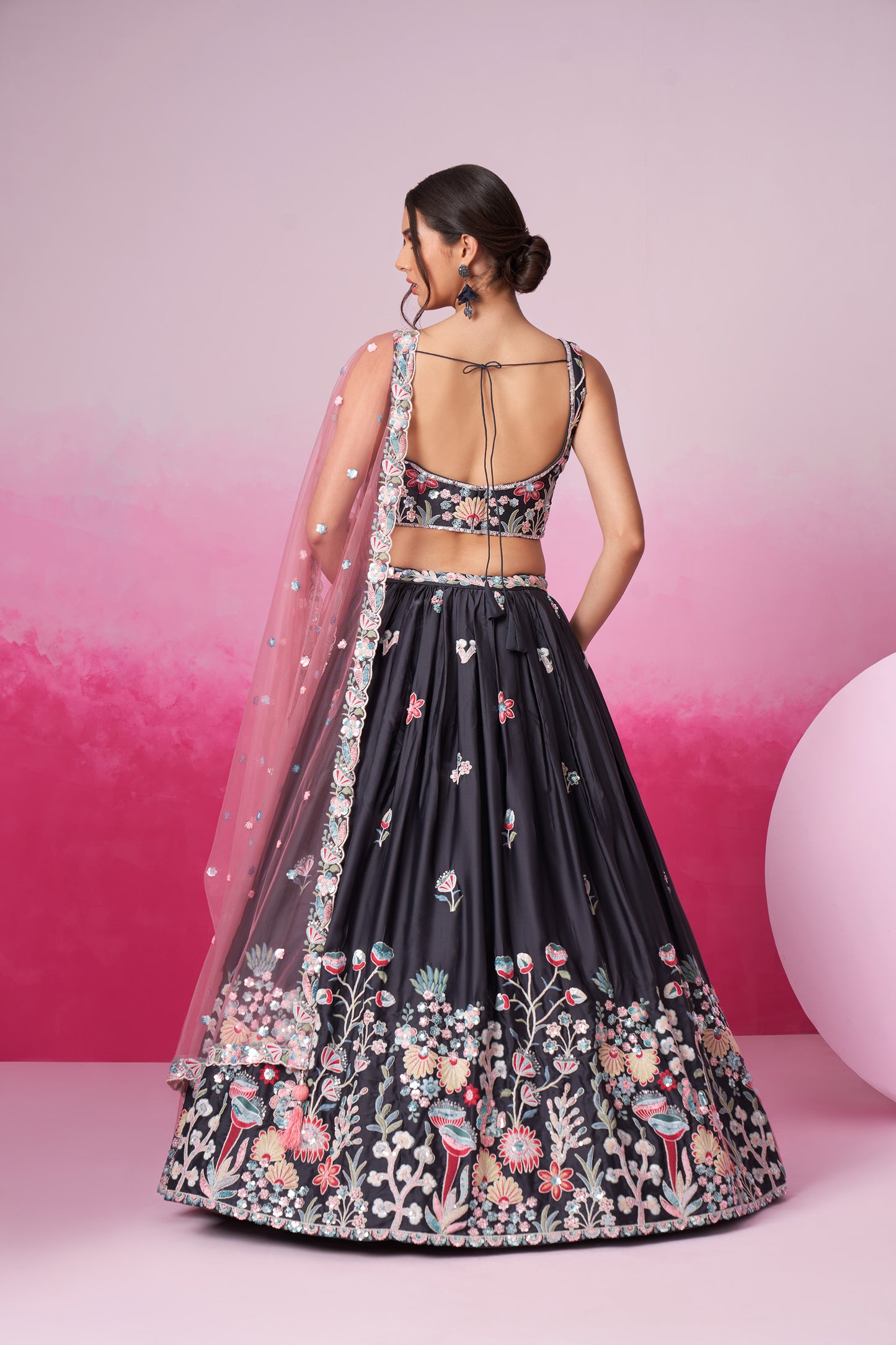 Grey Satin Silk Sequin embroidery Lehenga choli