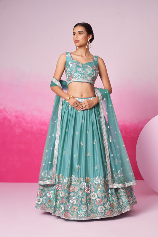 Turquoise Blue Pure Georgette Sequins embroidery Lehenga