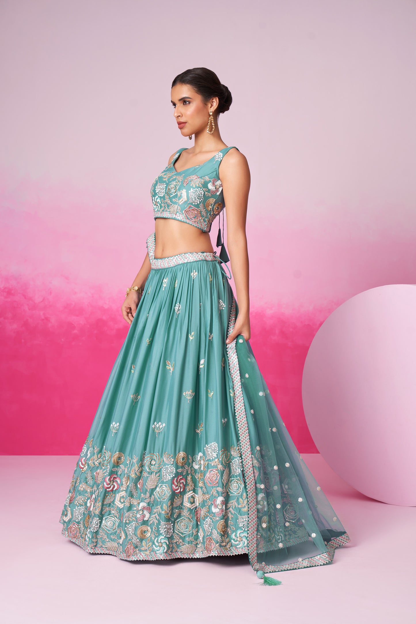 Turquoise Blue Pure Georgette Sequins embroidery Lehenga