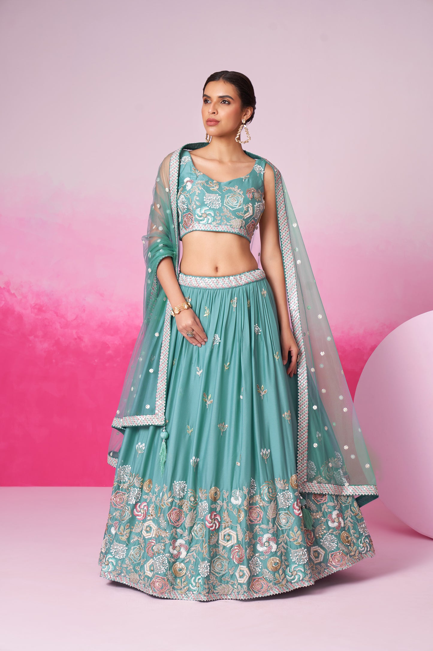 Turquoise Blue Pure Georgette Sequins embroidery Lehenga