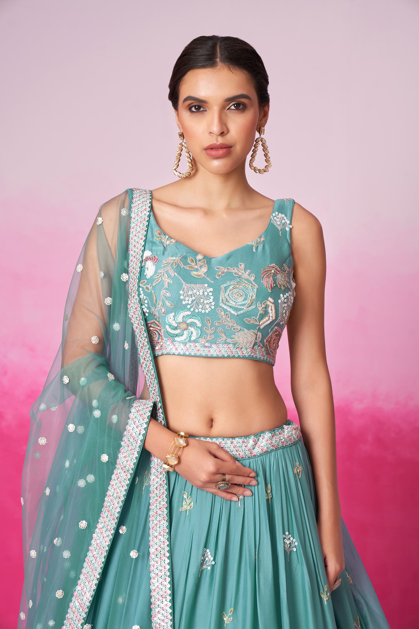 Turquoise Blue Pure Georgette Sequins embroidery Lehenga