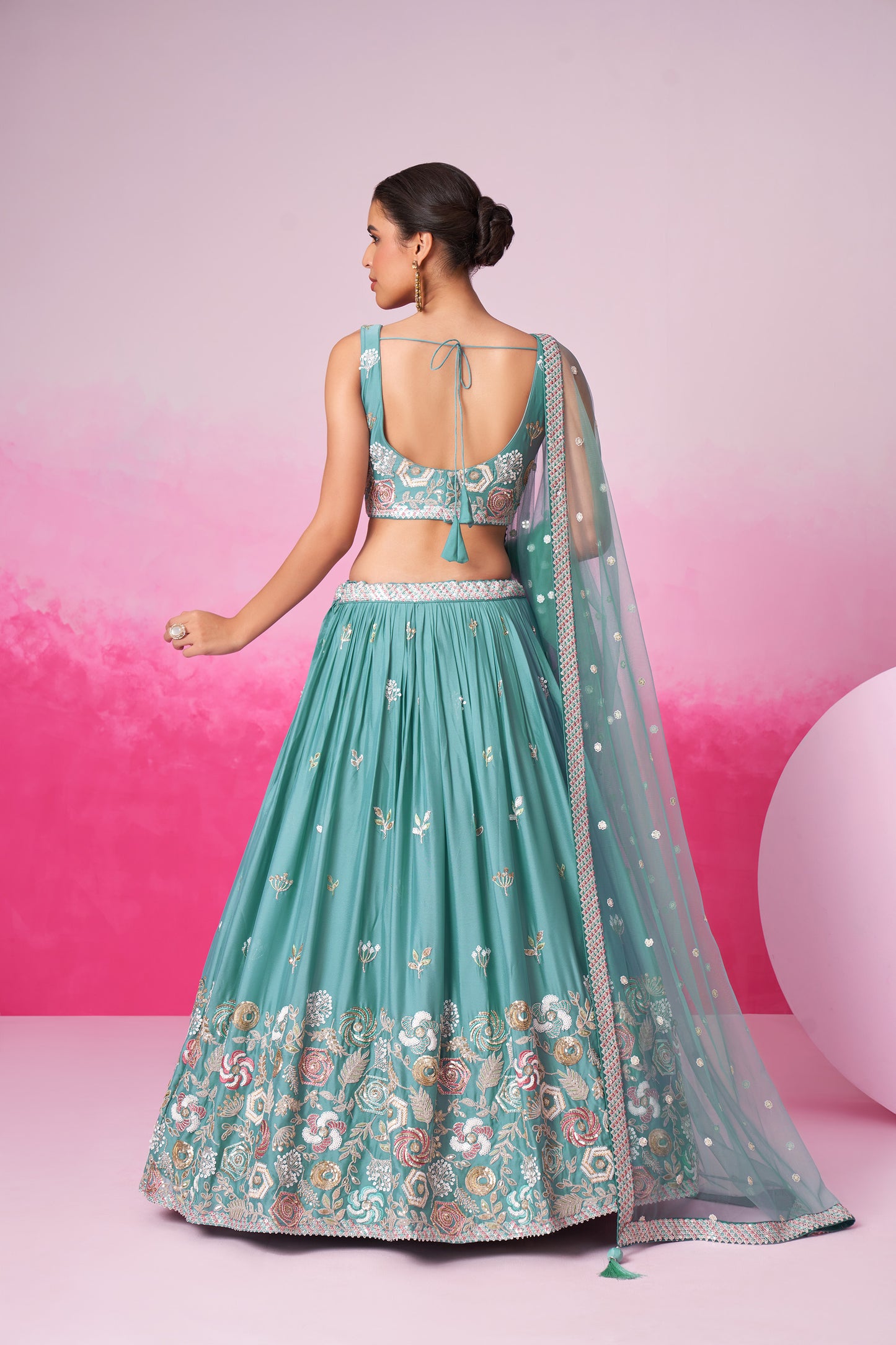 Turquoise Blue Pure Georgette Sequins embroidery Lehenga