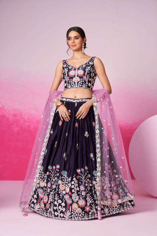 Purple Satin Silk Sequin embroidery Lehenga choli