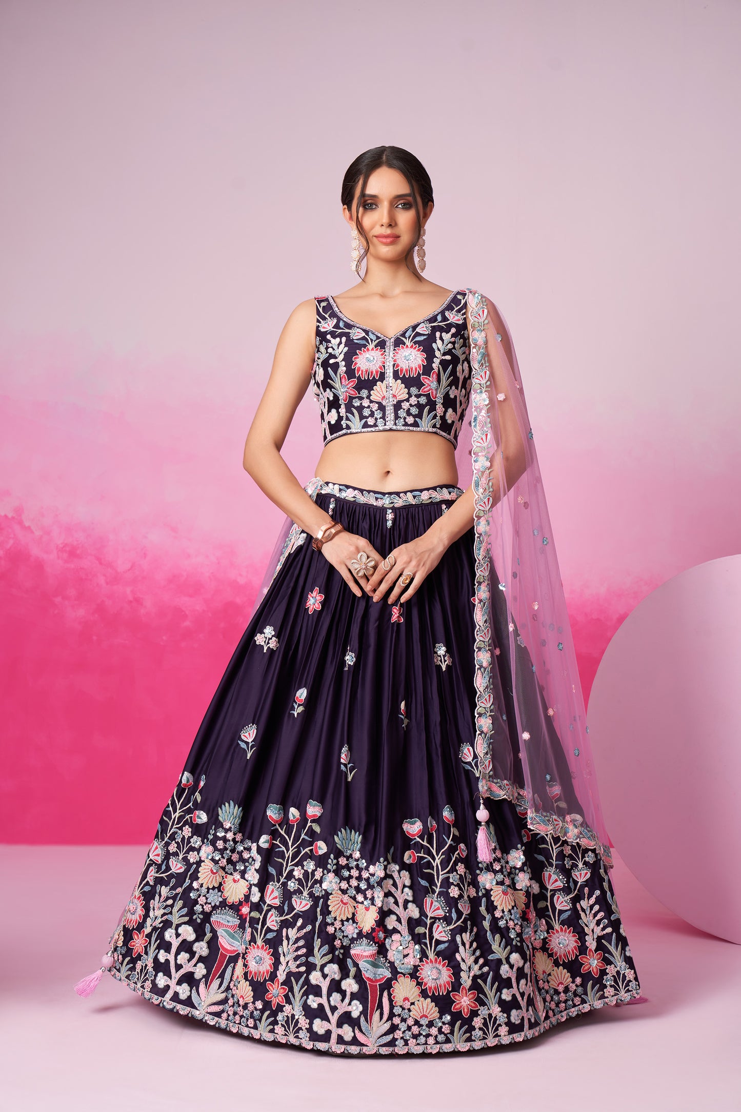 Purple Satin Silk Sequin embroidery Lehenga choli