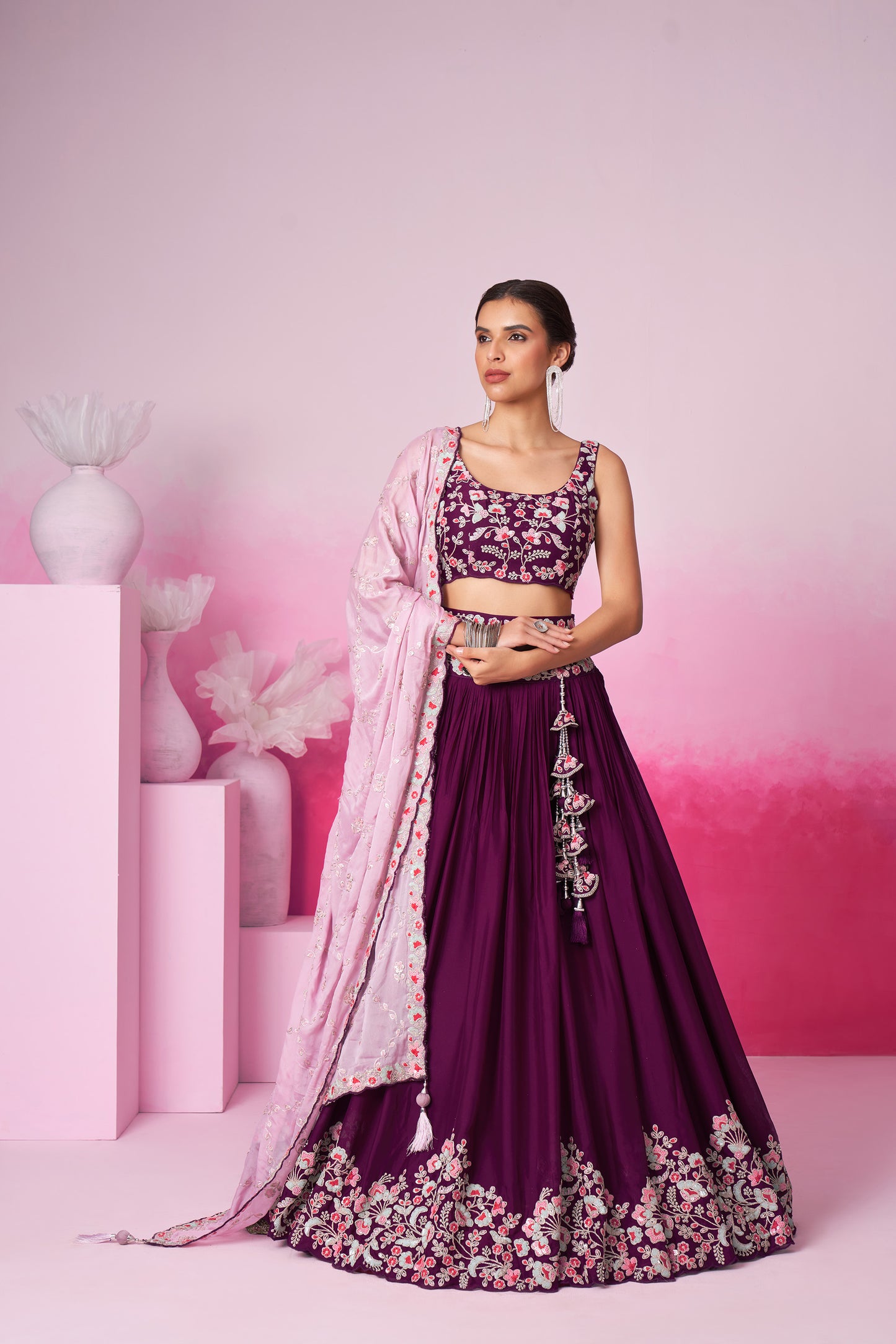 Burgundy Pure Georgette Sequin embroidery Lehenga choli