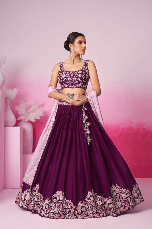 Burgundy Pure Georgette Sequin embroidery Lehenga choli