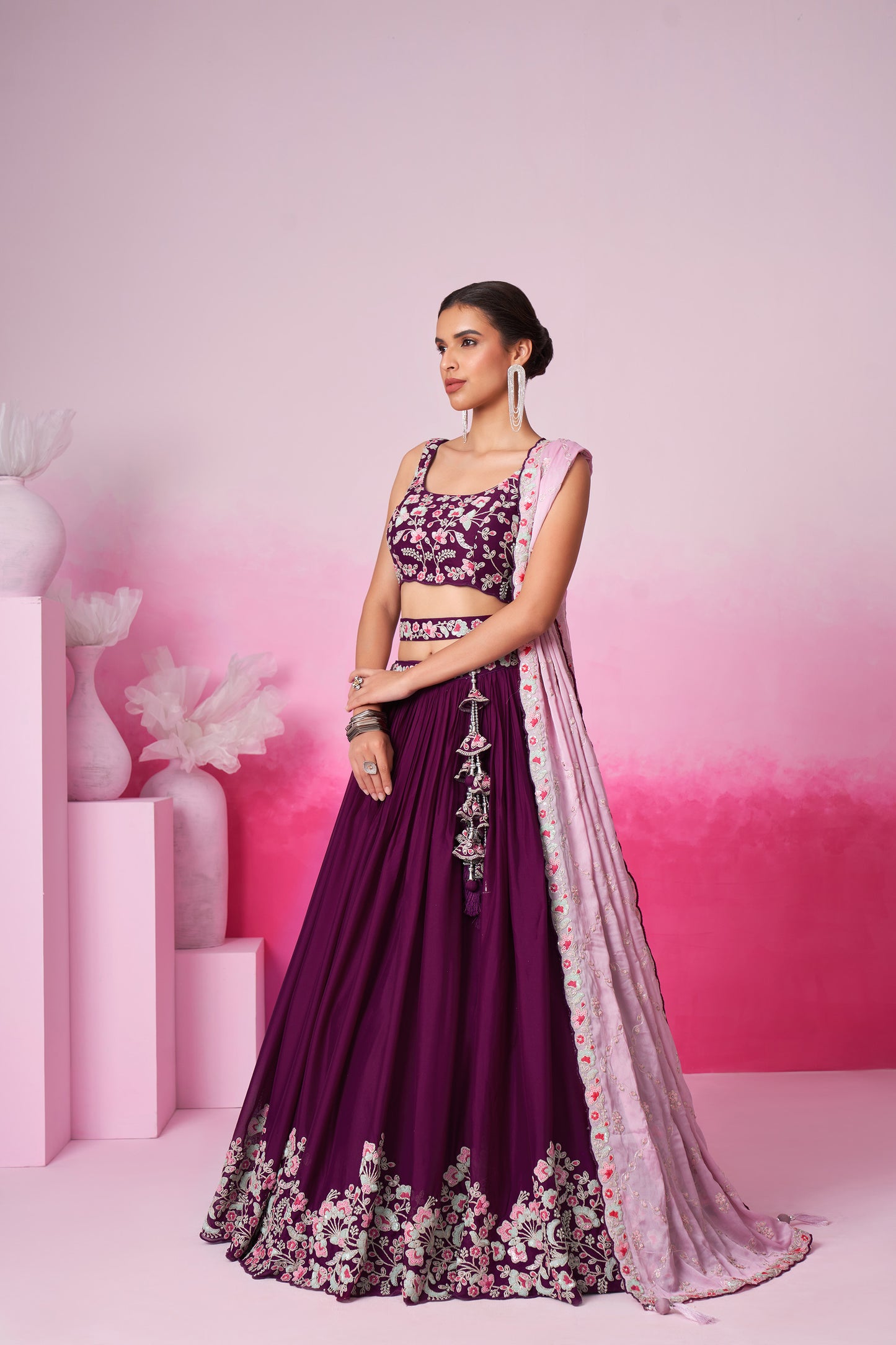 Burgundy Pure Georgette Sequin embroidery Lehenga choli