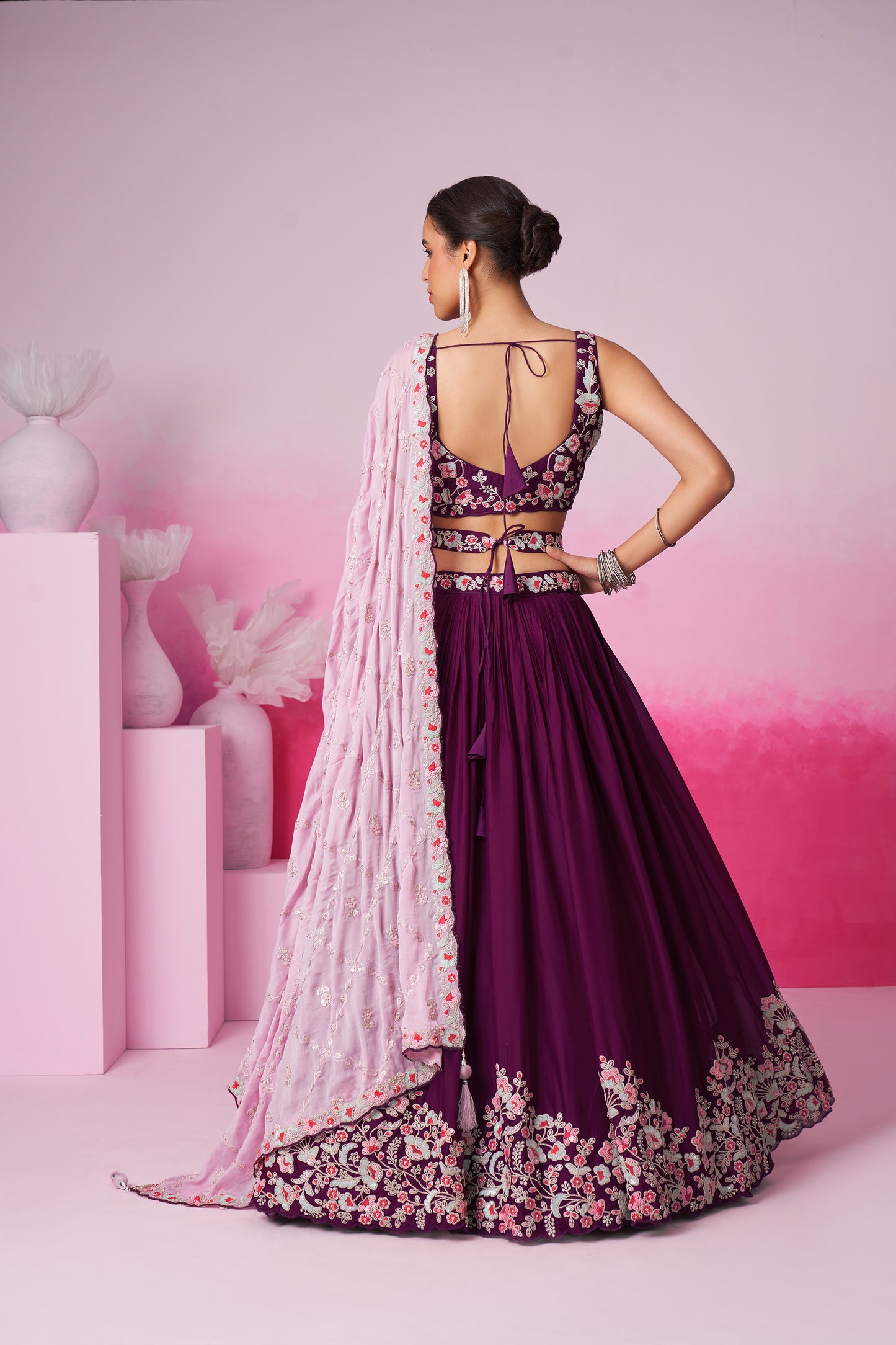 Burgundy Pure Georgette Sequin embroidery Lehenga choli