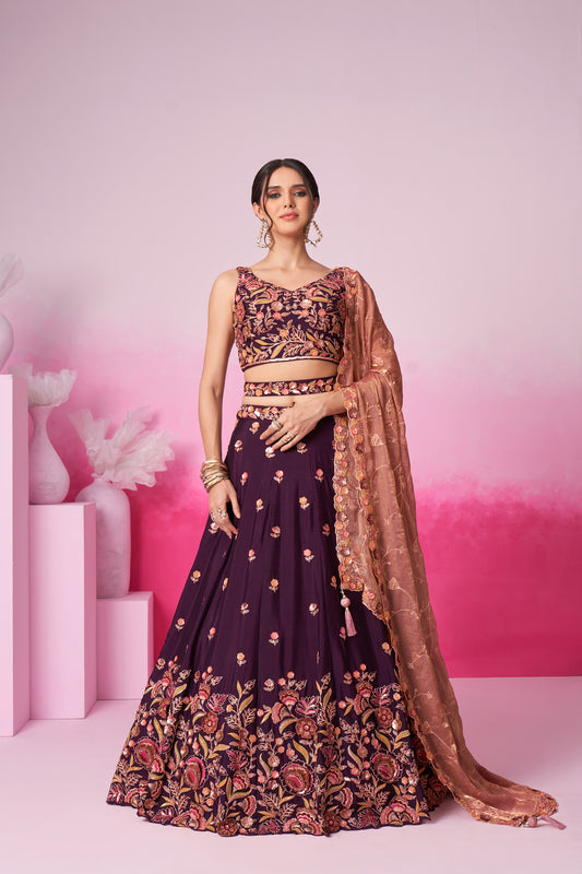 Burgundy colour Chiffon Sequins embroidery Lehenga choli & Dupatta