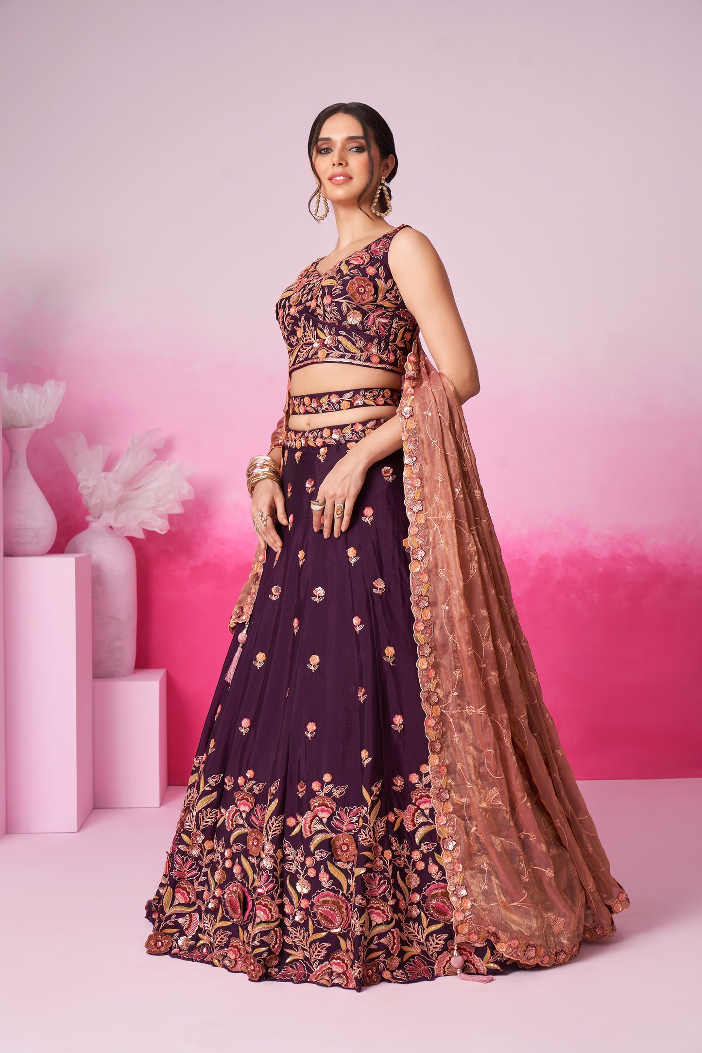 Burgundy colour Chiffon Sequins embroidery Lehenga choli & Dupatta