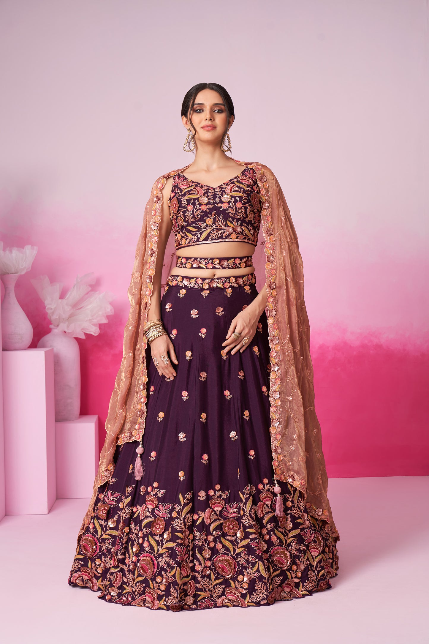 Burgundy colour Chiffon Sequins embroidery Lehenga choli & Dupatta