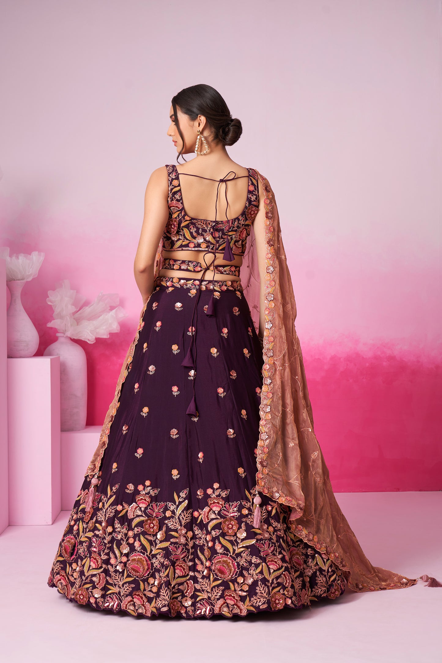 Burgundy colour Chiffon Sequins embroidery Lehenga choli & Dupatta