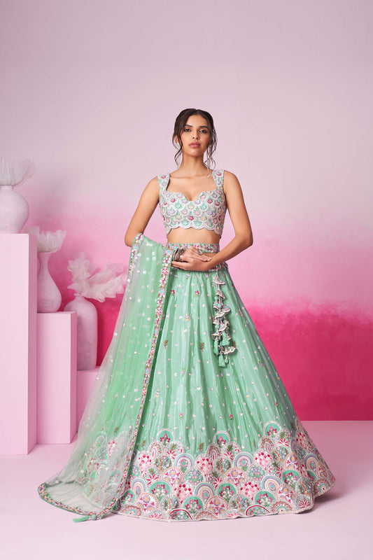 Sea Green Pure Chiffon Sequins and thread embroidery Bridesmaid Lehenga