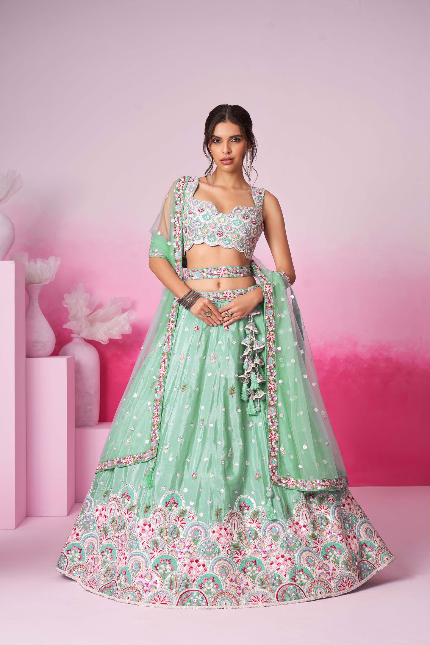 Sea Green Pure Chiffon Sequins and thread embroidery Bridesmaid Lehenga