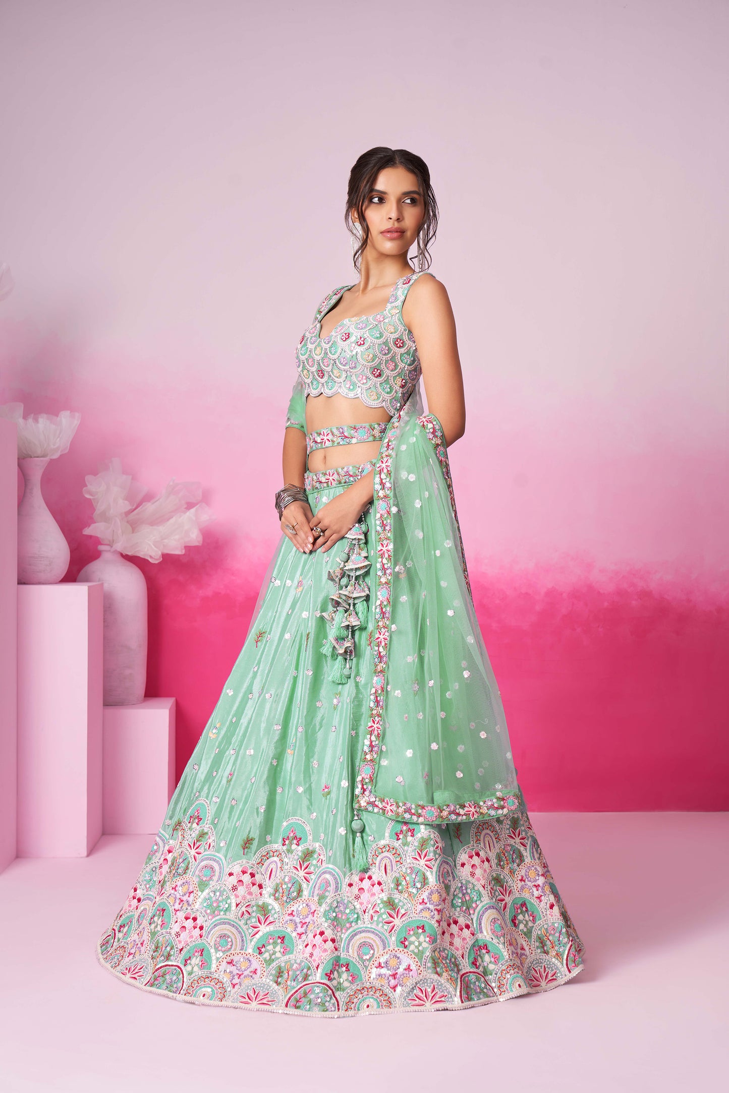 Sea Green Pure Chiffon Sequins and thread embroidery Bridesmaid Lehenga